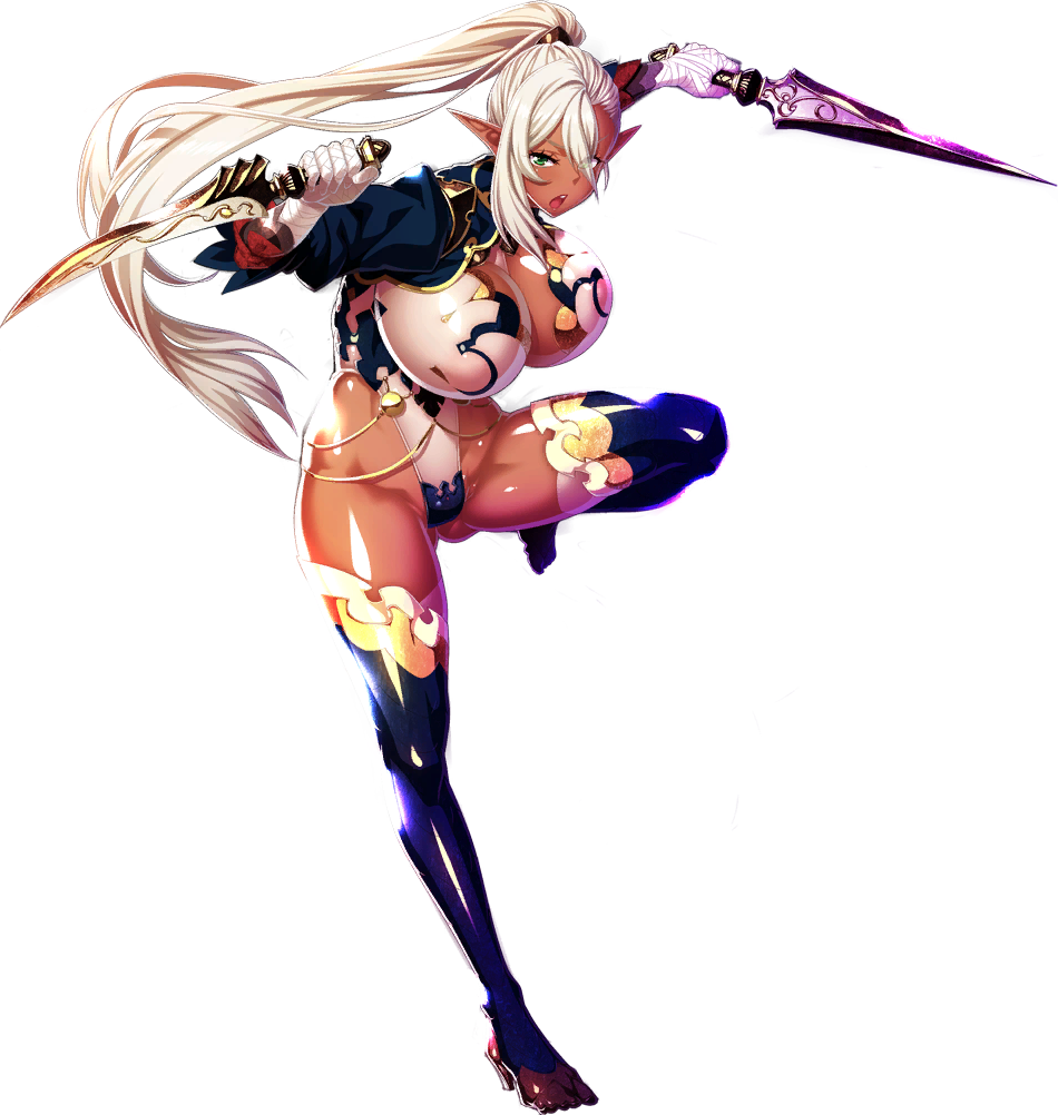 1female assassin blonde_hair blonde_hair dark-skinned_female eden's_ritter elf elf_ears green_eyes huge_breasts