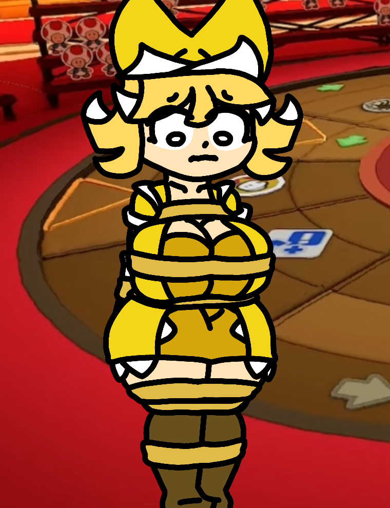 1girls background big_breasts blonde_hair bondage cleavage clothed clothing crown cute female female_focus female_only legokoopa_(artist) mario_(series) olivia_(paper_mario) outdoors paper_mario paper_mario:_the_origami_king restrained rubber_band scared solo solo_focus theater thick_thighs