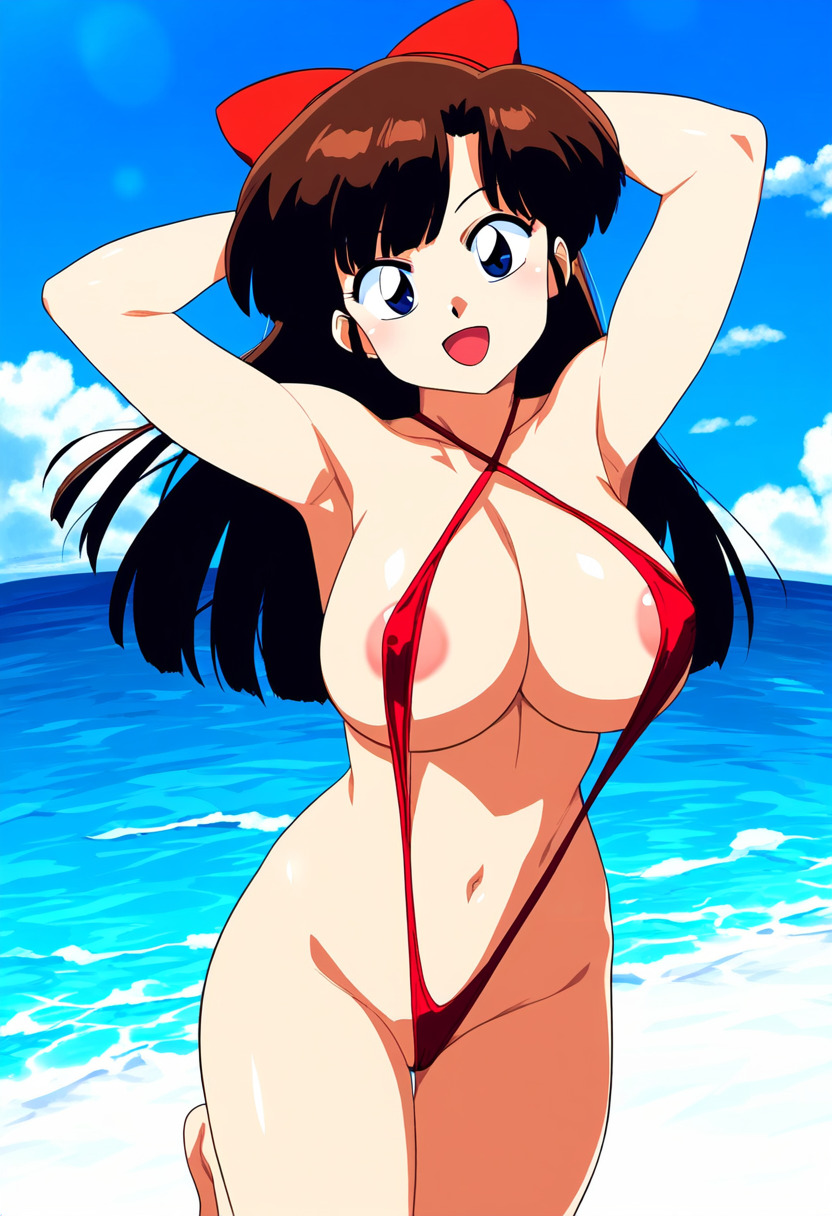 ai_generated beach blue_eyes brown_hair female hairbow large_breasts nipples novelai ranma_1/2 sling_bikini slingshot_swimsuit solo solo_female ukyo_kuonji