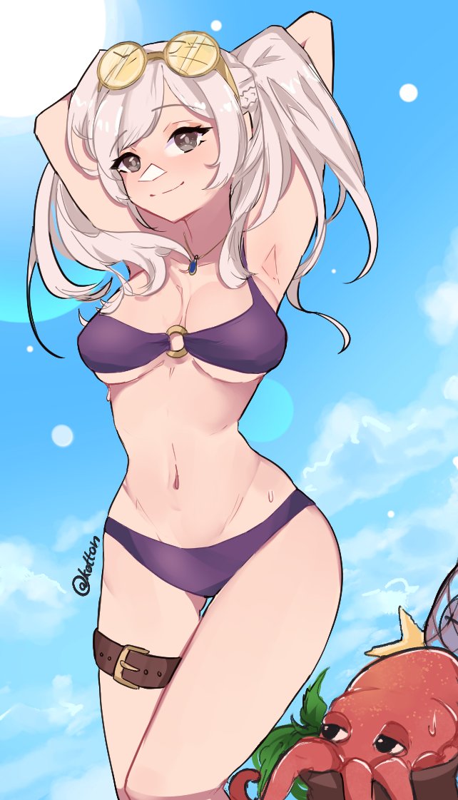 1girls alternate_costume bikini emi_(kottonart) eyewear_on_head female fire_emblem fire_emblem_awakening fire_emblem_heroes kottonart nintendo o-ring o-ring_bikini octopus official_alternate_costume purple_bikini purple_swimsuit robin_(female)_(summer)_(fire_emblem) robin_(fire_emblem) robin_(fire_emblem)_(female) serafineart1001 solo sunglasses sunglasses_on_head sweat swimsuit twintails