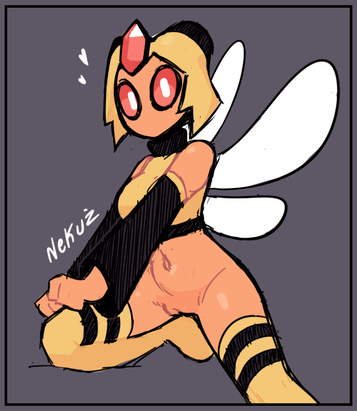 1girls 2024 anthro anthrofied arthropod bee bottomless bottomless_female casual_nudity clothed clothing female game_freak hands_on_knee heart hymenopteran insect_wings insects legwear lin_(nekuzx) looking_at_viewer mouthless navel nekuzx nintendo oc original_character pinup pokémon_(species) pokemon pussy red_eyes staring_at_viewer stockings striped_stockings vespiquen video_games