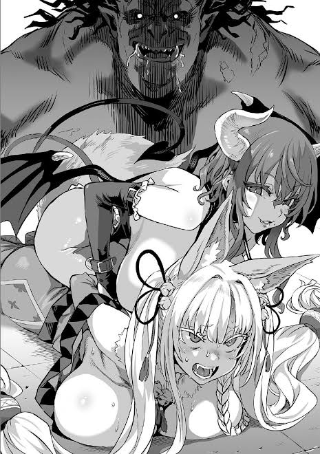 1boy 2girls asanagi big_breasts black_and_white breasts female male monochrome monster multiple_girls novel_illustration orc orc_eiyuu_monogatari_sontaku_retsuden orc_male