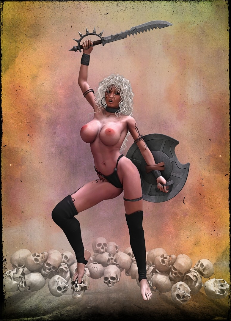 age_of_barbarian age_of_barbarians_chronicles big_breasts blonde_hair breasts curly_hair half_naked pinup sword_and_shield yanah