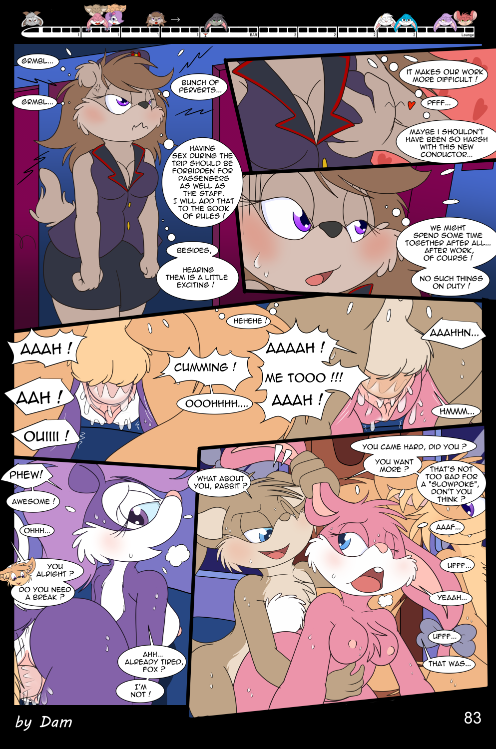 3_toes 4_fingers anthro babs_bunny breasts buster_bunny clothed clothing comic dam_(artist) dialogue english_text feet female fifi_la_fume fingers group hi_res lagomorph leporid male mammal mephitid page_83 plantigrade rabbit skunk speech_bubble straight_hair text tiny_toon_adventures toes toons toony train vehicle warner_brothers