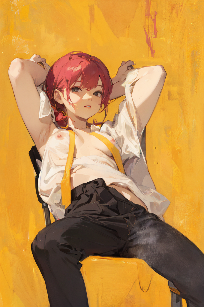 ai_generated breasts breasts_out breasts_out_of_clothes breasts_outside female kobayashi miss_kobayashi's_dragon_maid ponytail red_hair see-through_clothing see-through_shirt see-through_top short_hair sitting small_breasts unbuttoned_shirt