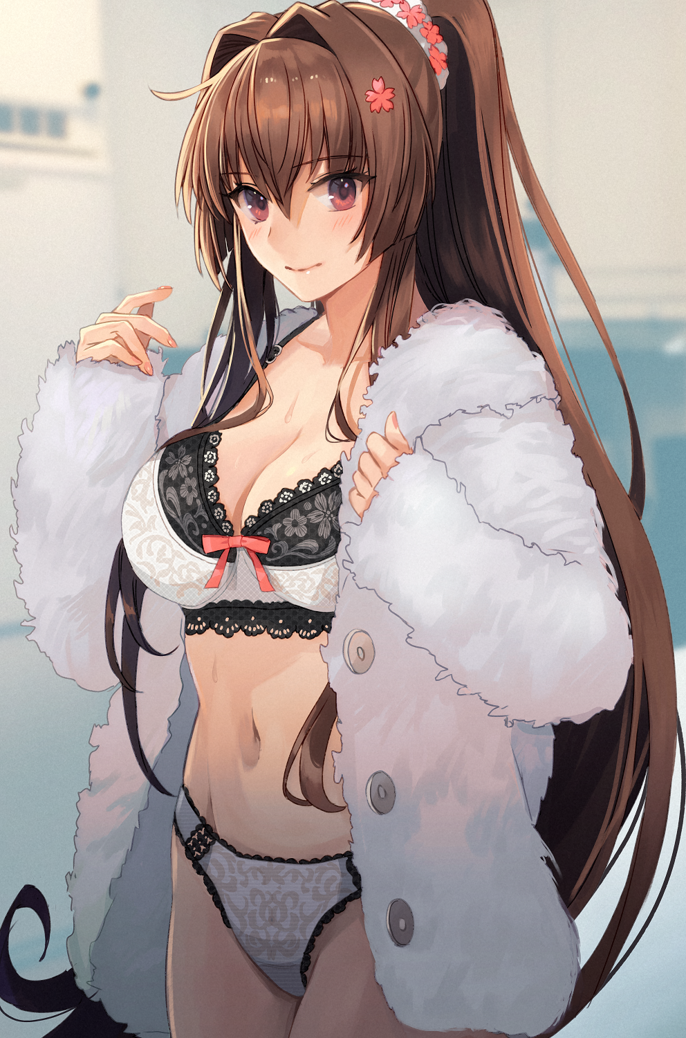 1girls black_bra bow_bra bra breasts brown_eyes brown_hair coat flower flower_in_hair fur_coat kantai_collection kasumi_(skchkko) lace-trimmed_bra lace-trimmed_panties lingerie looking_at_viewer medium_breasts navel open_coat panties ponytail white_bra white_coat white_panties yamato_(kantai_collection)