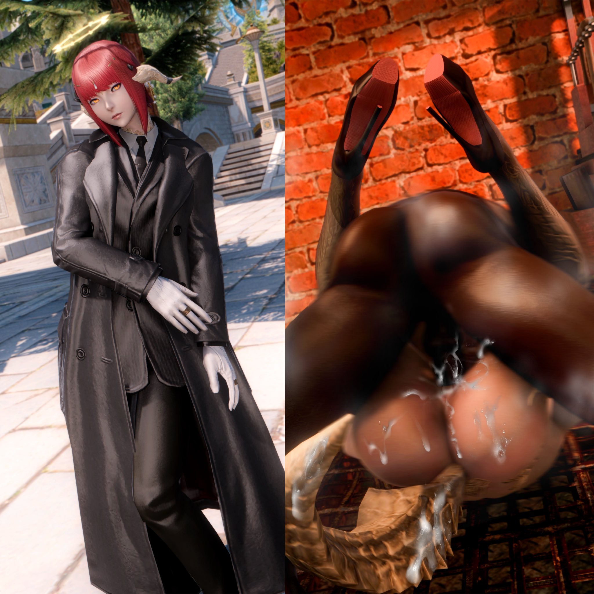 1girls, 3d, ass, au ra, before and after, black clothing, costume, cum, cum drip, cum inside, cum on ass, dark skin, dark-skinned male, defeat, defeated, dragon tail, female, final fantasy xiv, forced, gloves, gpose (ffxiv), high heels, horns, instant loss, instant loss 2koma, jewelry, male, mating press, necktie, outdoors, pinned, pinned down, rape, red hair, ring, summeryixu, tagme, white gloves