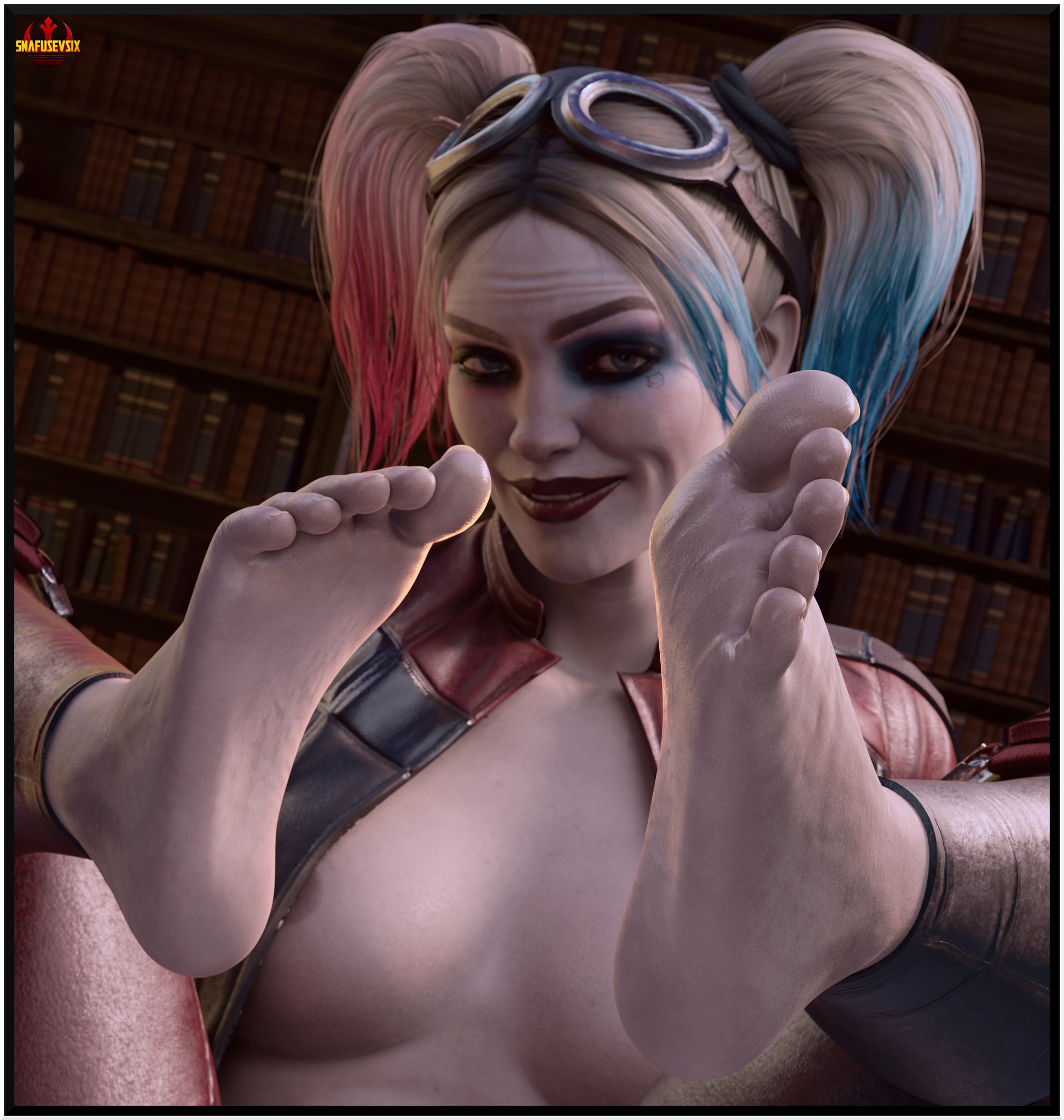 1girls, 3d, barefoot, batman (series), clown girl, dc, dc comics, feet, female, foot fetish, foot focus, full color, harley quinn, harley quinn (injustice), injustice 2, no penetration, snafusevsix, soles, solo, solo female, tagme, toes