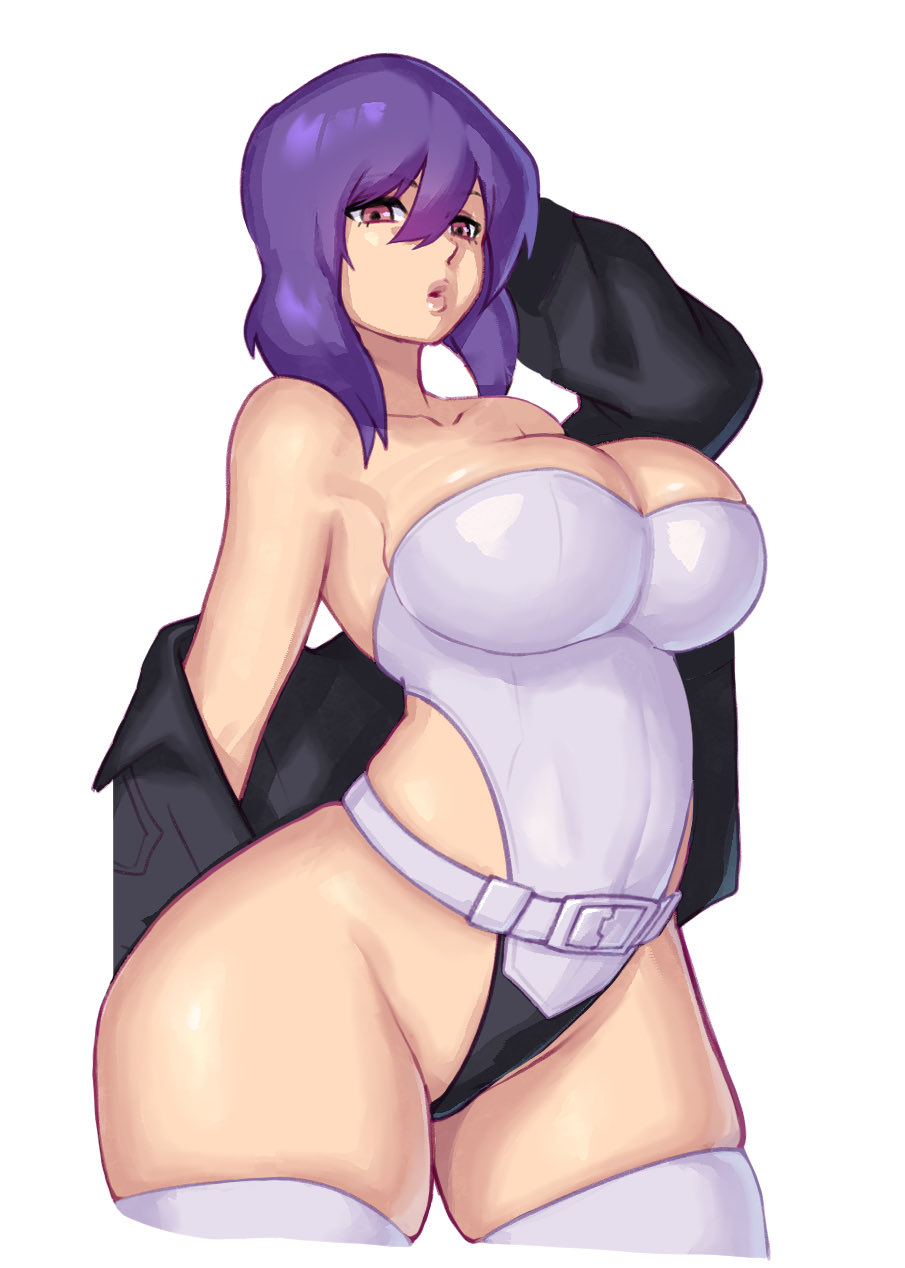 1girls, asian, asian bimbo, asian female, belt, bimbo, breasts, collarbone, cowboy shot, cyborg, female, freddyhalloween, ghost in the shell, jacket, jacket partially removed, kusanagi motoko, large breasts, leotard, light skin, light-skinned female, lips, looking at viewer, medium hair, purple eyes, purple hair, short hair, solo, thighhighs, white background, wide hips