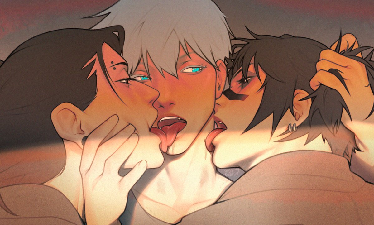 black_hair choso_kamo hair_grab jujutsu_kaisen kissing licking_neck licking_tongue male/male satoru_gojo suguru_geto threesome tongue vididoodle white_hair yaoi