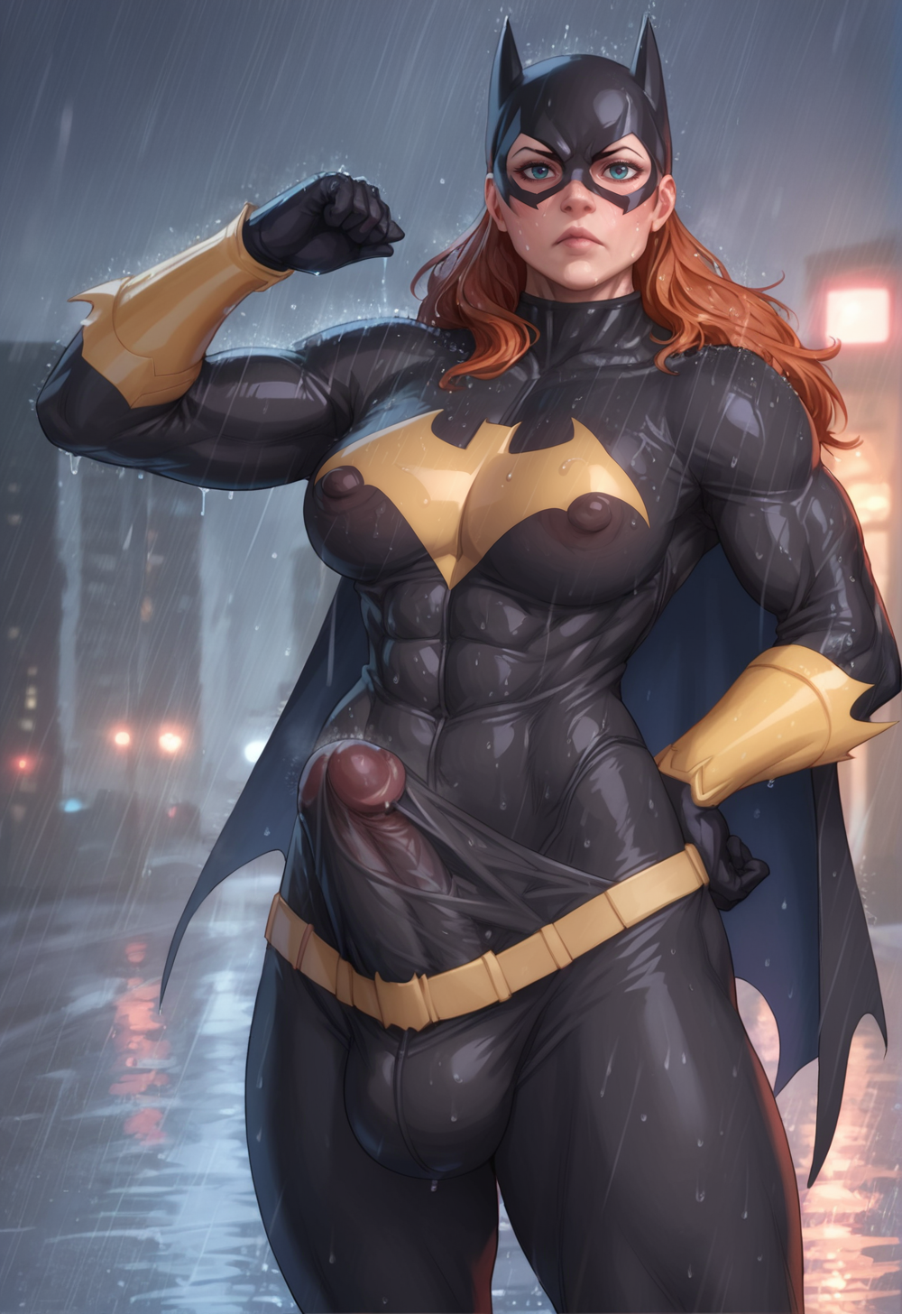 1futa ai_generated balls barbara_gordon batgirl bulge dc dc_comics futa_only futanari muscular red_hair santarvengar seethrough_clothing solo stable_diffusion tagme testicles