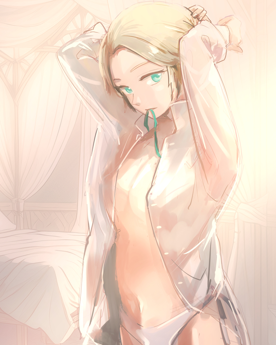 1girls adjusting_hair arms_up bed bedroom blanket blonde_hair breasts cleavage commentary female female female_only fire_emblem fire_emblem:_three_houses green_eyes green_ribbons highres indoors ingrid_brandl_galatea mouth_hold navel nintendo open_clothes open_shirt panties ribbon ribbon_in_mouth sanami shirt solo standing topless underwear white_panties white_shirt