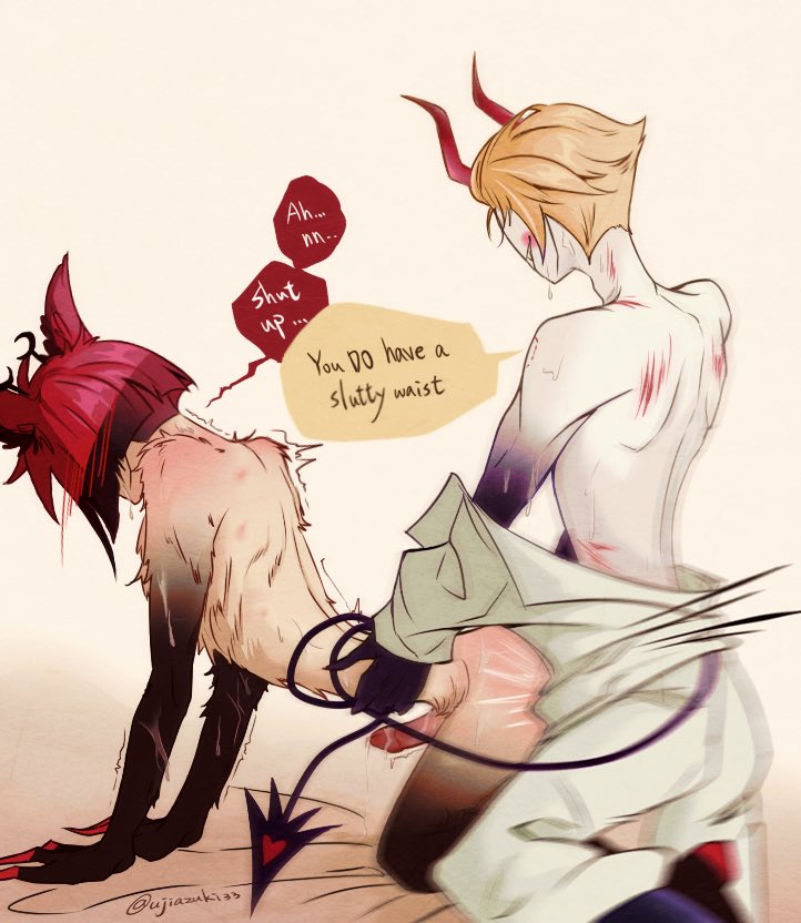 alastor (hazbin hotel), anal, anal sex, blush, dirty talk, doggy style, fur, gay, gay anal, gay sex, hazbin hotel, horn, horns, lucifer morningstar (hazbin hotel), male, penis, scratches, sweat, tail