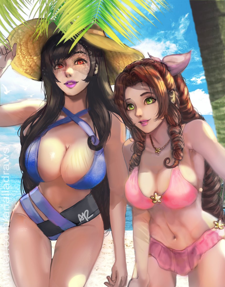 2girls aerith_gainsborough arialla_draws beach big_breasts bikini bikini_skirt black_hair blue_bikini blue_swimsuit bow_in_hair braided_ponytail breast_size_difference breasts brown_hair cleavage clouds female female_only final_fantasy final_fantasy_vii green_eyes hat large_breasts lipstick long_hair looking_at_viewer midriff navel necklace ocean palm_tree pink_bikini pink_lipstick pink_swimsuit ponytail purple_lipstick red_eyes sky sun_hat swimsuit tifa_lockhart tree twitter_username water