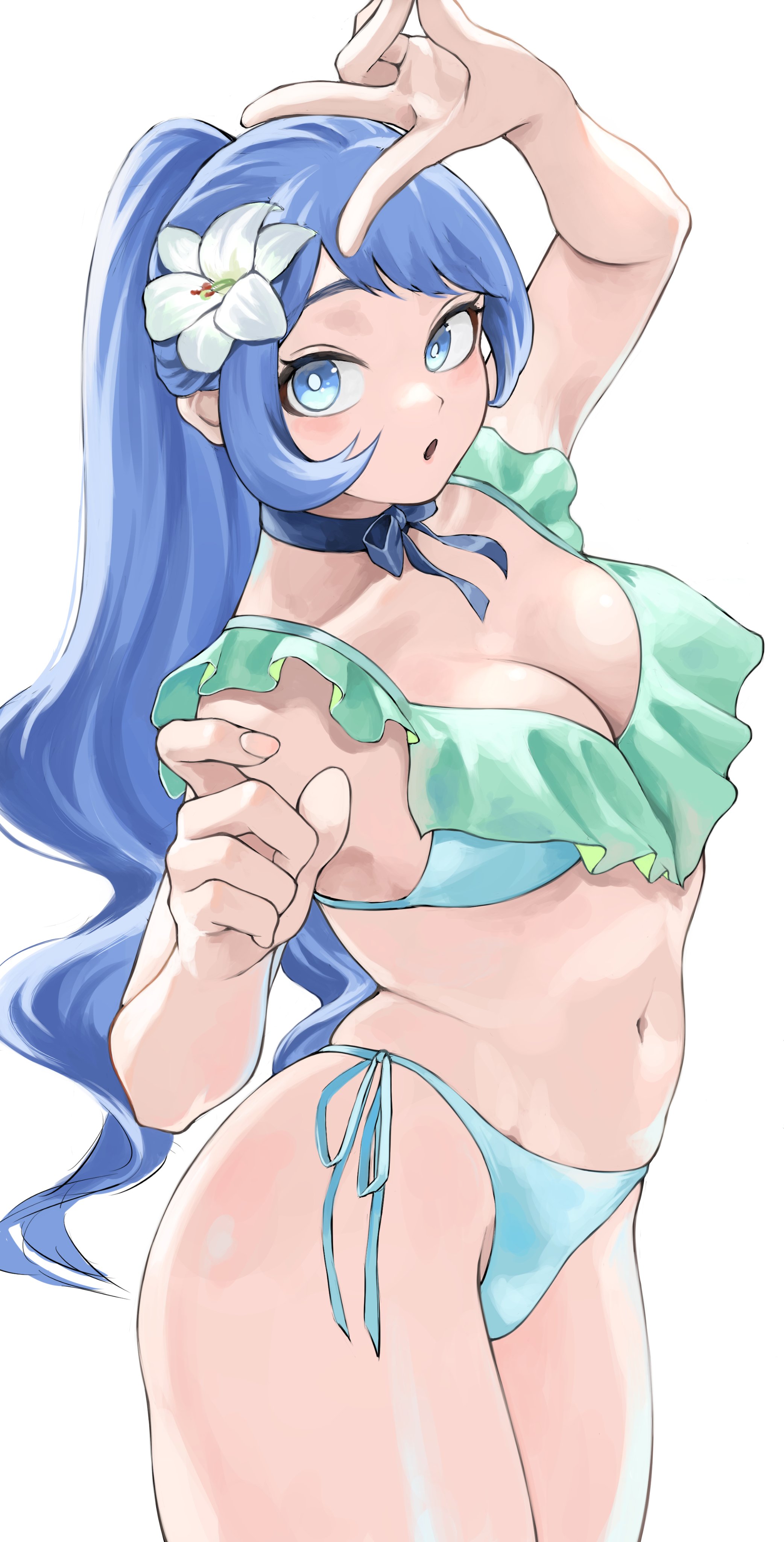1girls, bikini, blue eyes, blue hair, blue-haired female, boku no hero academia, cleavage, curvy, female, fengling (furin-jp), flower in hair, frilled bikini, light skin, light-skinned female, my hero academia, nejire hado, peace sign, ponytail, string bikini, swimsuit