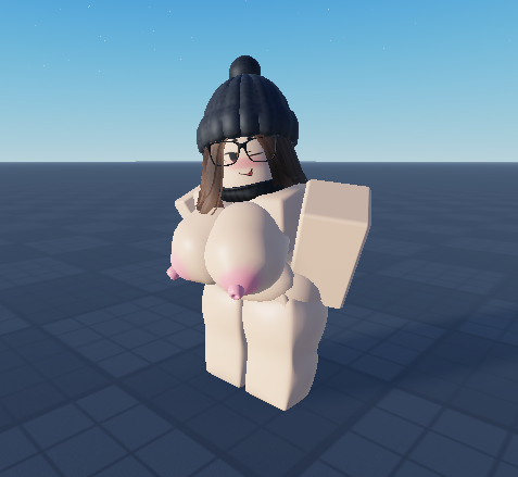 1girls 3d beanie_hat blush brown_hair female glasses hat huge_breasts nude original original_character outdoors roblox roblox_studio robloxian shy solo