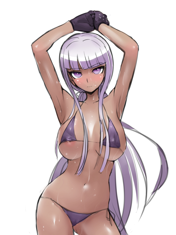 1girls, akizora, arms above head, bikini, breasts, contrapposto, danganronpa, dark skin, dark-skinned female, female, gloves, kirigiri kyouko, large breasts, long hair, looking at viewer, navel, nipple slip, nipples, purple bikini, purple eyes, purple hair, purple swimsuit, side-tie bikini, smooth skin, sweat, swimsuit