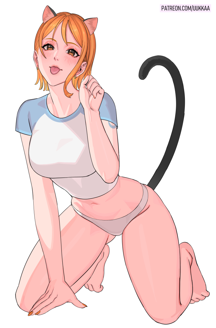 1girls brown_eyes busty cat_ears cat_tail catgirl female female_only half-dressed legs light-skinned_female light_skin nami one_piece orange_hair panties patreon_username pre-timeskip shoulder_tattoo t-shirt tattoo thighs tongue_out uukkaa