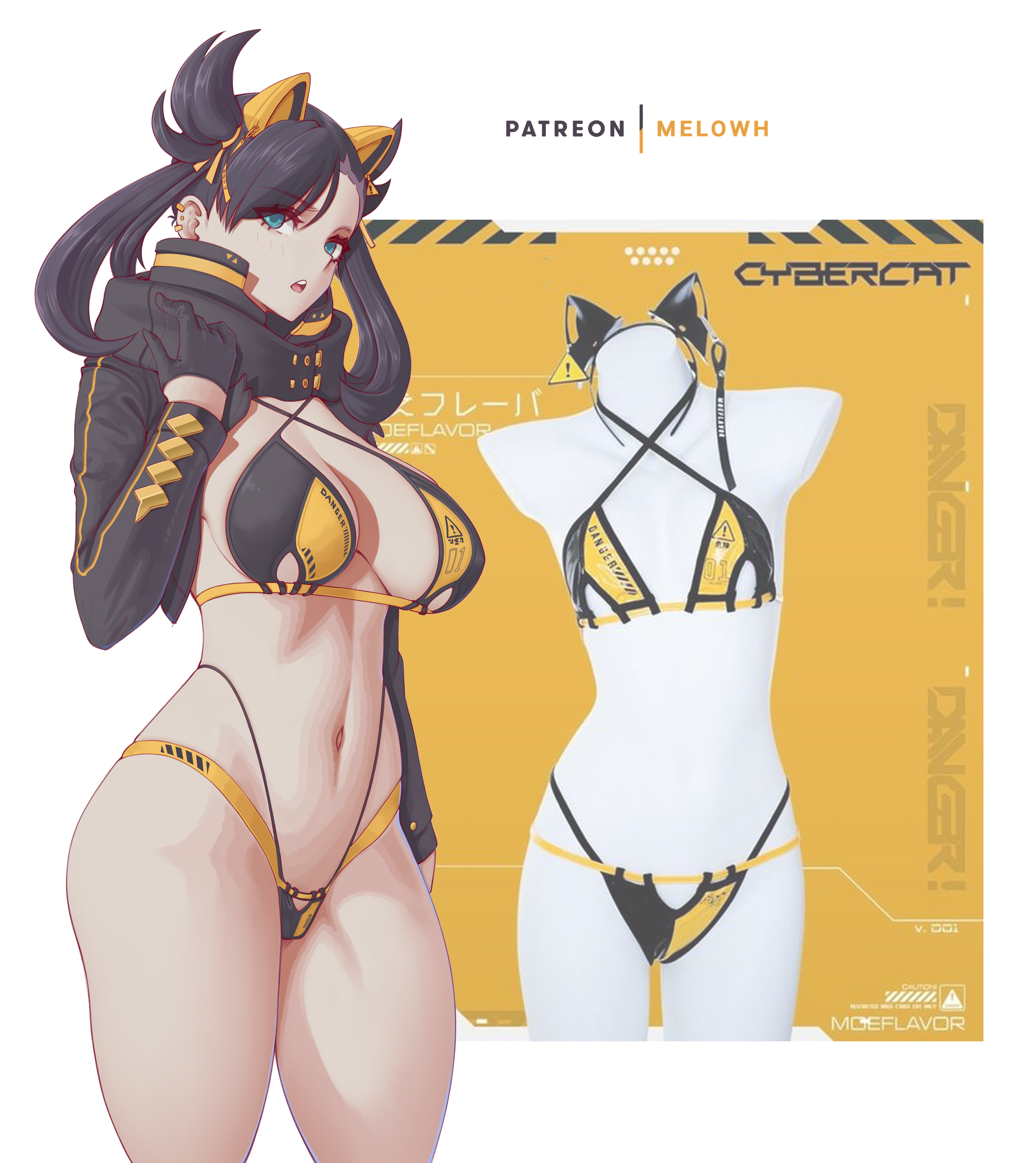 1girls, alternate breast size, bikini, black hair, blue eyes, breasts, cat ears, eye contact, fake animal ears, female, female only, game freak, gloves, hair ribbon, large breasts, light skin, looking at viewer, marnie (pokemon), melowh, micro bikini, nintendo, pokemon, pokemon (game), pokemon ss, standing, thick thighs, twintails