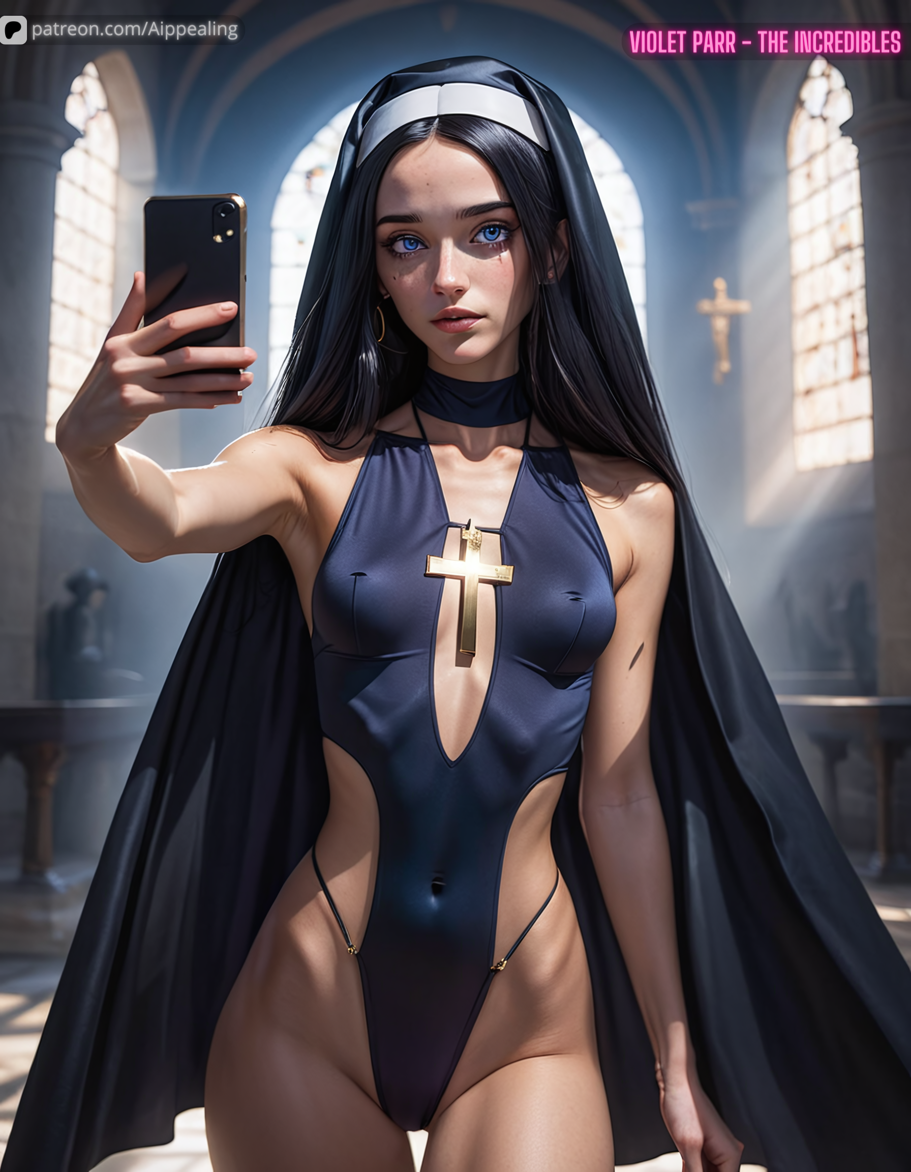 1girls, ai generated, ai hands, aippealing, disney, disney princess, female, female only, human, nun, nun outfit, pixar, realistic, solo, the incredibles, violet parr