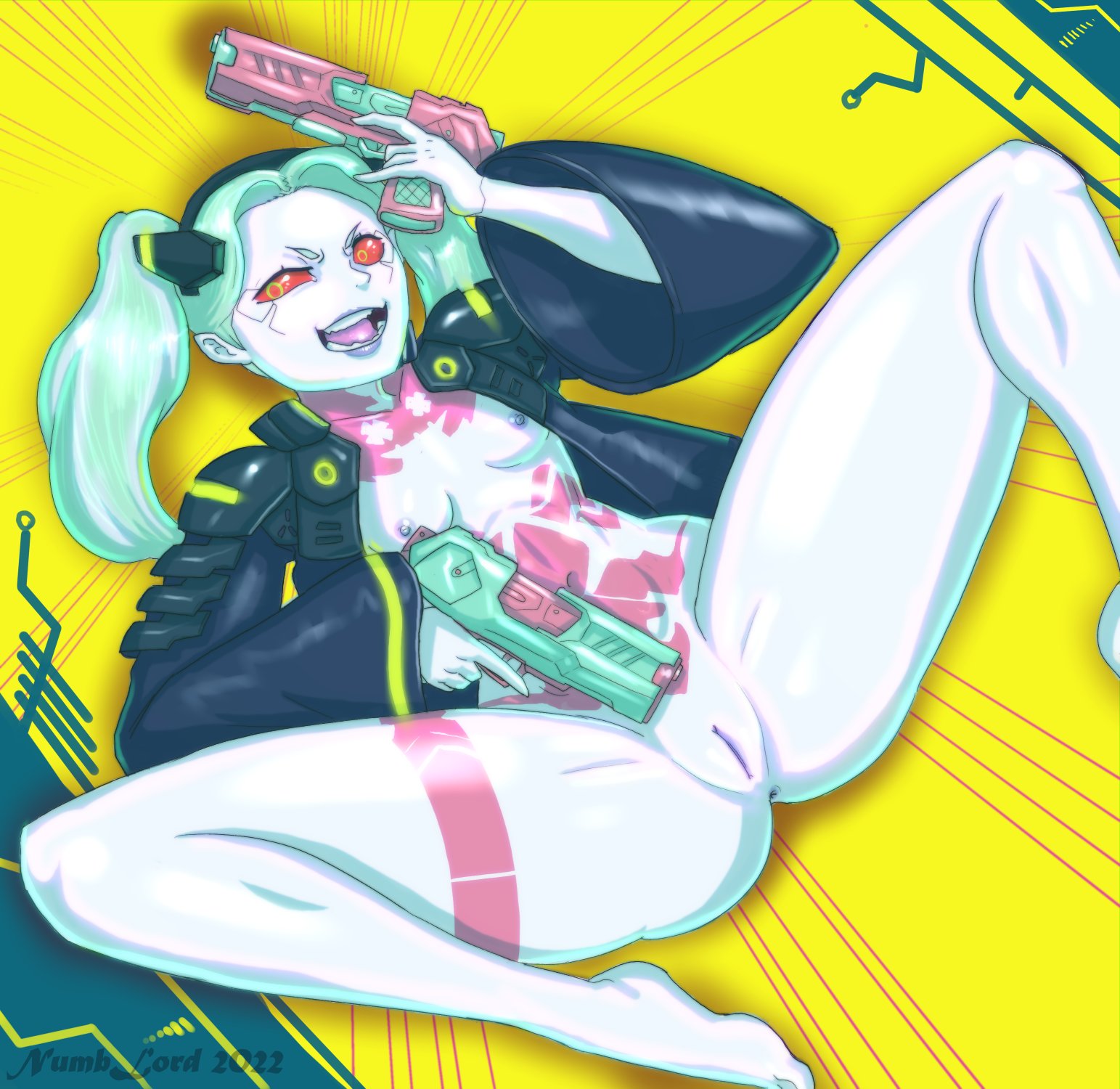 1girls, alternate version, bottomless, breasts, clothing, cybernetics, cyberpunk 2077, cyberpunk: edgerunners, cyborg, female, female only, firearm, flat chest, flat chested, handgun, human, jacket, numblord, outerwear, pale skin, pussy, rebecca (edgerunners), small breasts, small nose, solo, solo female, thick thighs, thighs, thong, weapon