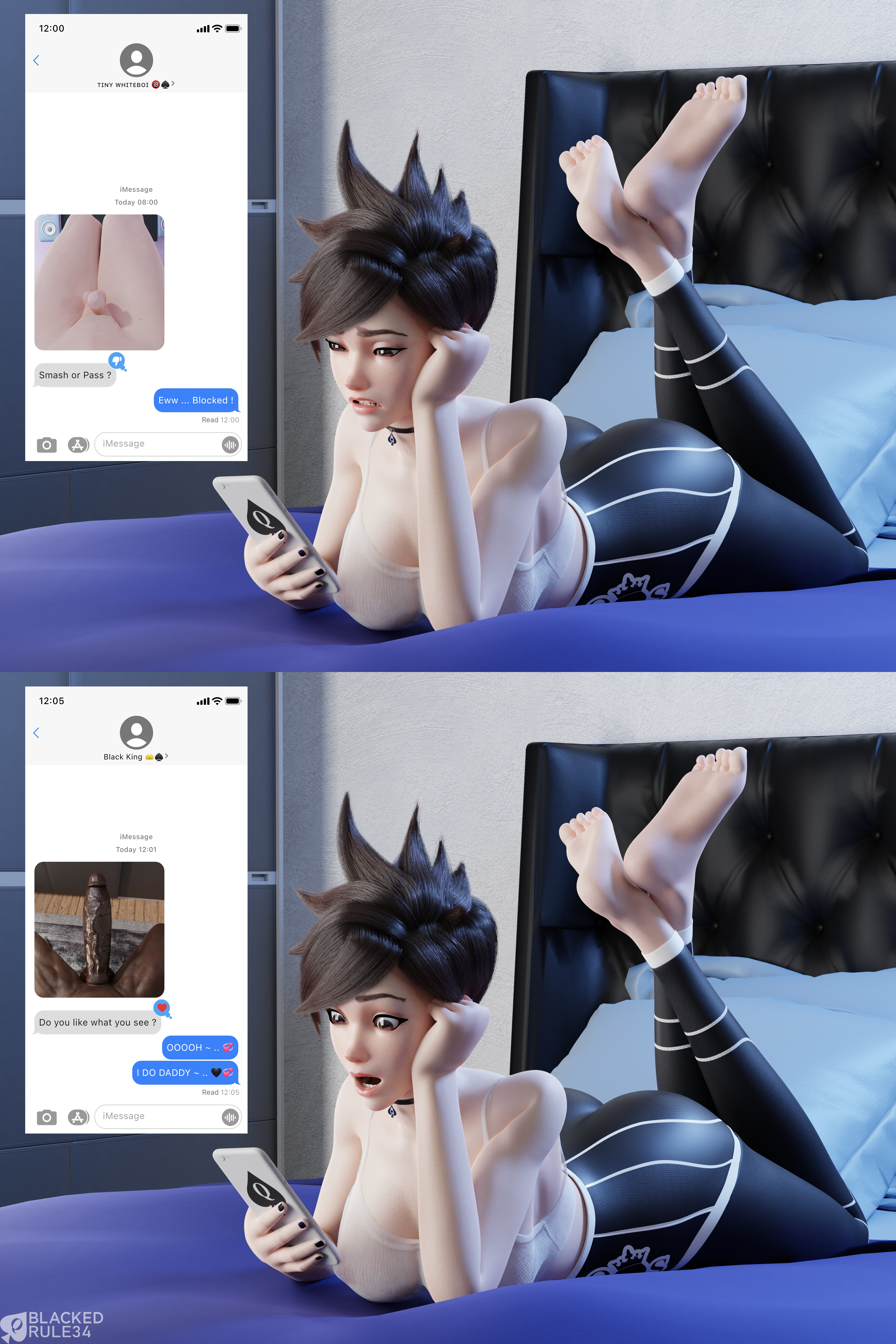 1girls, 2boys, 3d, absurd res, absurdres, ass, barefoot, bedroom, big ass, big feet, big penis, blackedr34, blender, blizzard entertainment, brown hair, chat, choker, dark skin, dark-skinned male, disgusted, feet, feet up, female, fortnite, fortnite: battle royale, hi res, high resolution, highres, huge cock, indoors, interracial, light skin, light-skinned male, long feet, male, meme, nipples visible through clothing, on bed, on stomach, overwatch, penis, penis awe, penis size difference, phone, qos, qos clothing, queen of spades, raceplay, sexting, small penis, small penis humiliation, soles, spade, spade choker, suprised, text, texting, toes, tracer, uncensored, unseen male face, veiny penis