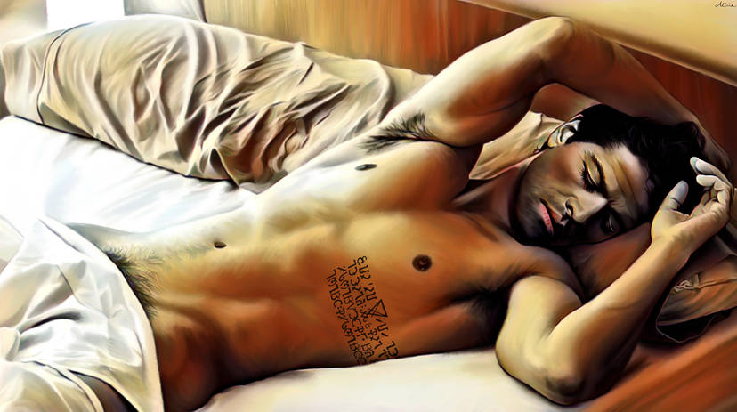 1boy angel armpit_hair asleep bara bed biceps black_hair blanket castiel castiel_(supernatural) closed_eyes dark_hair enochian enochian_tattoo enochian_text in_bed licieoic light-skinned_male light_skin lying lying_down lying_on_back male male_only male_pubic_hair misha_collins muscles muscular muscular_male naked naked_male nipples nude nude_male pecs pillow pubic_hair realistic sleep sleeping solo solo_male supernatural_(series) tattoo