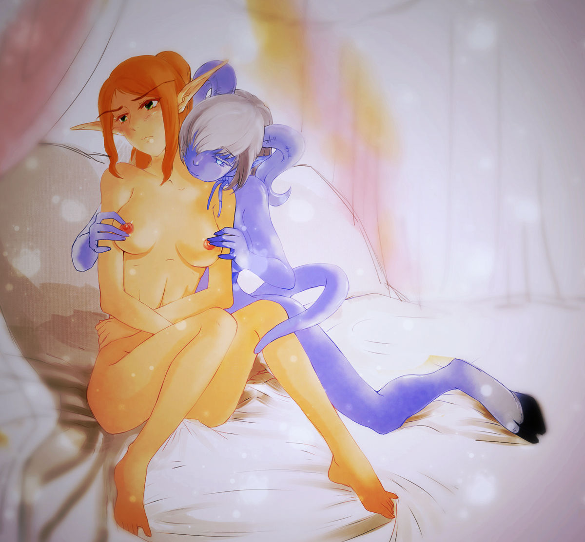 2girls blood_elf blood_elf_female colored_skin draenei draenei_female hooves horns lady_liadrin long_eyebrows multiple_girls nipples nude orange_hair pointy_ears ponytail purple_skin tail tentacle warcraft white_hair world_of_warcraft yrel yuri