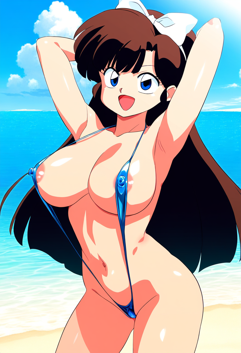 ai_generated beach blue_eyes brown_hair female hairbow large_breasts nipples novelai ranma_1/2 sling_bikini slingshot_swimsuit solo solo_female ukyo_kuonji