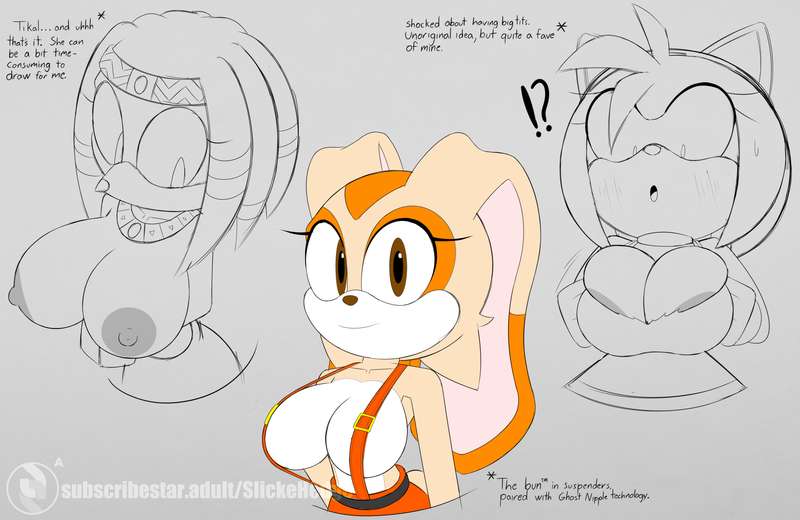 aged_up amy_rose anthro big_breasts black_nose bra breasts brown_eyes cream_the_rabbit echidna english_text eyelashes female furry gigantic_breasts hair huge_breasts large_breasts looking_at_viewer nipples sega slickehedge sonic_(series) sonic_the_hedgehog_(series) tiara tikal_the_echidna