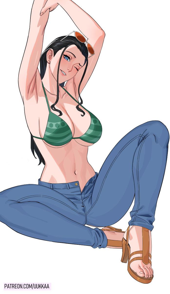 1girls armpits arms_above_head big_breasts bikini_top black_hair blue_eyes busty cleavage female female_only high_heels jeans light-skinned_female light_skin nami_(one_piece)_(cosplay) nico_robin one_piece open_toe_shoes patreon_username sunglasses sunglasses_on_head unbuttoned_pants uukkaa wink