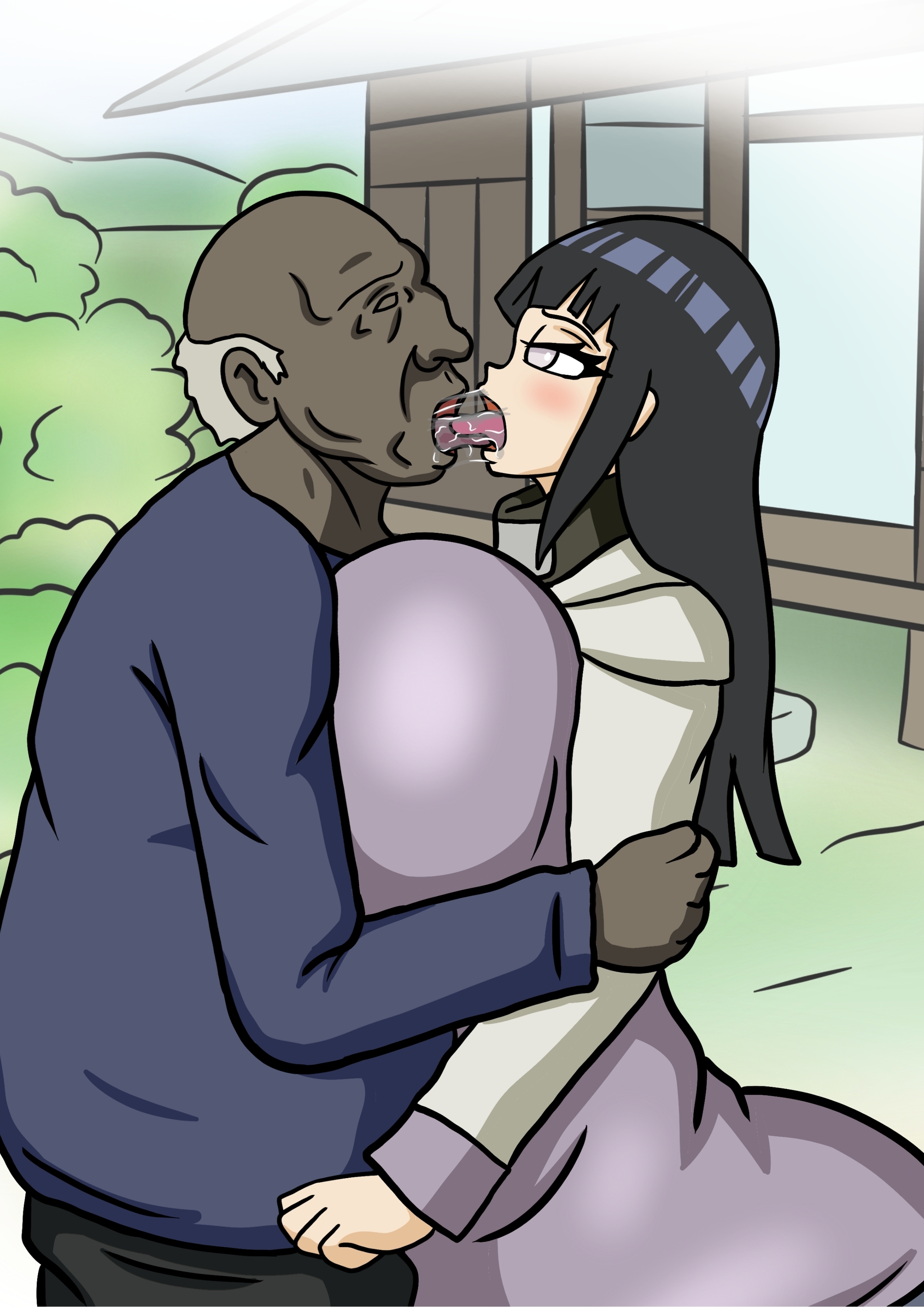 1boy, age difference, breasts, cleavage, dark skin, dark-skinned male, dibuctor, female, huge breasts, hyuuga hinata, kissing, large breasts, male, naruto, naruto (series), naruto shippuden, old male, older male, ugly bastard