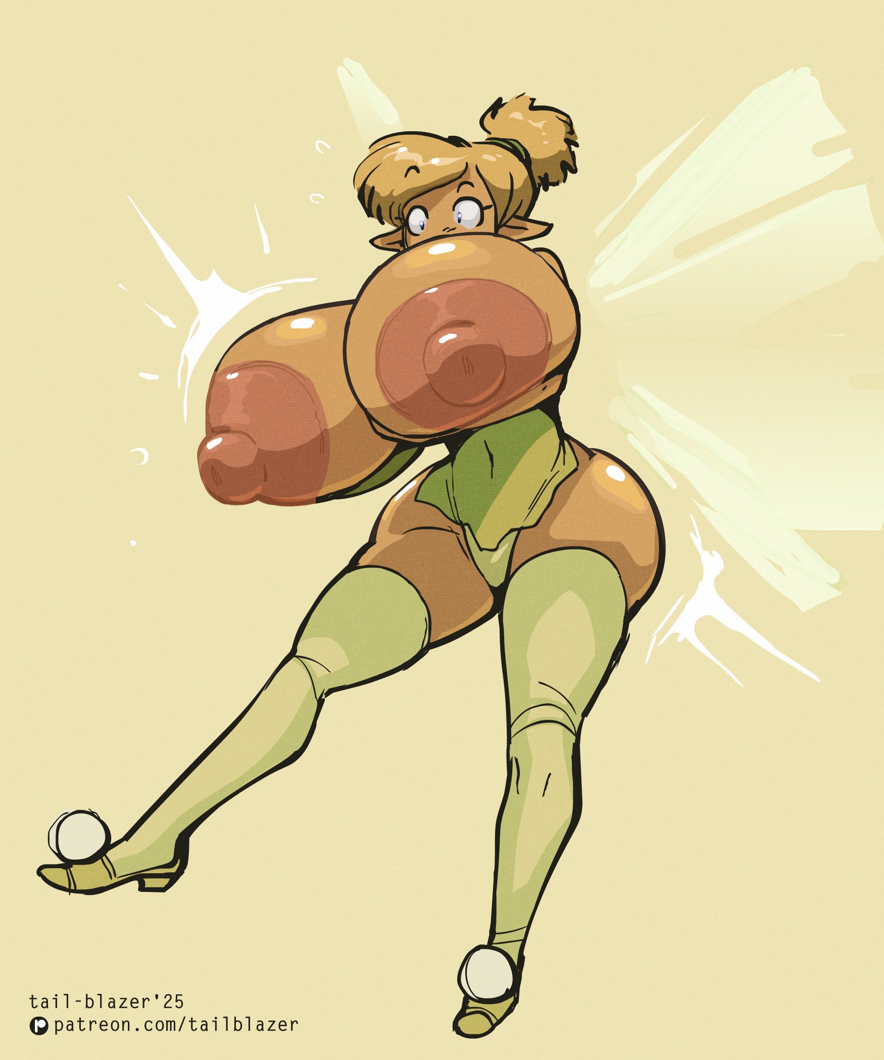 2d, 2d (artwork), 2d artwork, breast expansion, expansion, huge breasts, inconvenient breasts, nipples, peter pan (disney), solo, tail-blazer, tinker bell