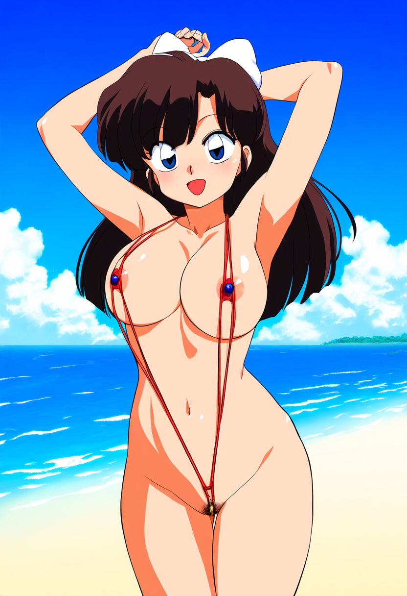 ai_generated beach blue_eyes brown_hair female hairbow large_breasts nipples novelai ranma_1/2 sling_bikini slingshot_swimsuit solo solo_female ukyo_kuonji