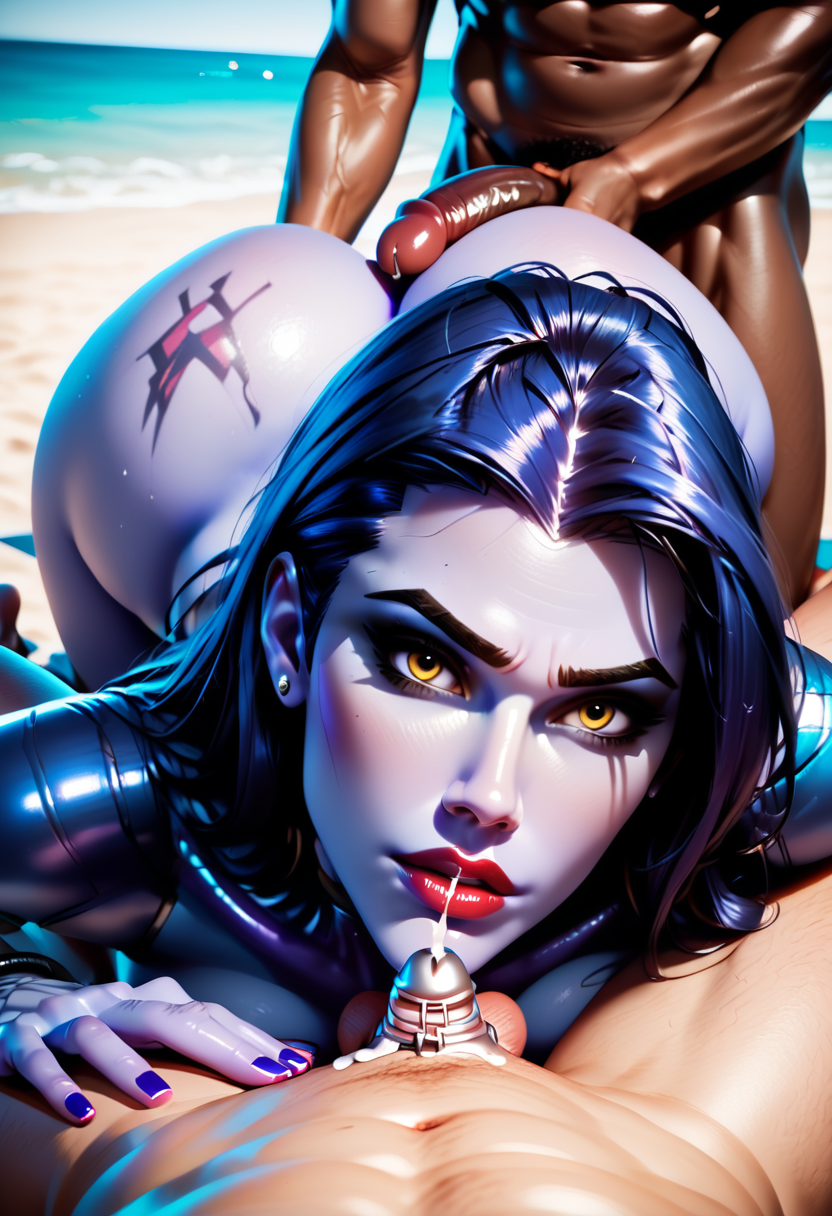 1girl 1girls 2boys abs ai_generated ass balls big_ass big_butt breasts butt chastity_cage cuckold cuckold_pov cum dark-skinned_male dark_skin female first_person_view light-skinned_male light_skin male nex_articulate overwatch overwatch_2 penis pov precum pubic_hair purple_body purple_hair purple_skin tattoo thick_ass thick_thighs widowmaker yellow_eyes