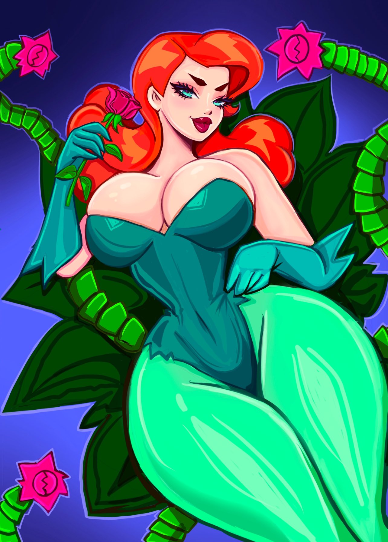 1girls bare_shoulders batman:_the_animated_series batman_(series) big_breasts busty cleavage curvy dc dc_comics gloves green_eyes light-skinned_female light_skin pamela_isley poison_ivy red_hair red_lipstick rose small_waist theartofmathew thick_thighs thighs tight_clothing wide_hips