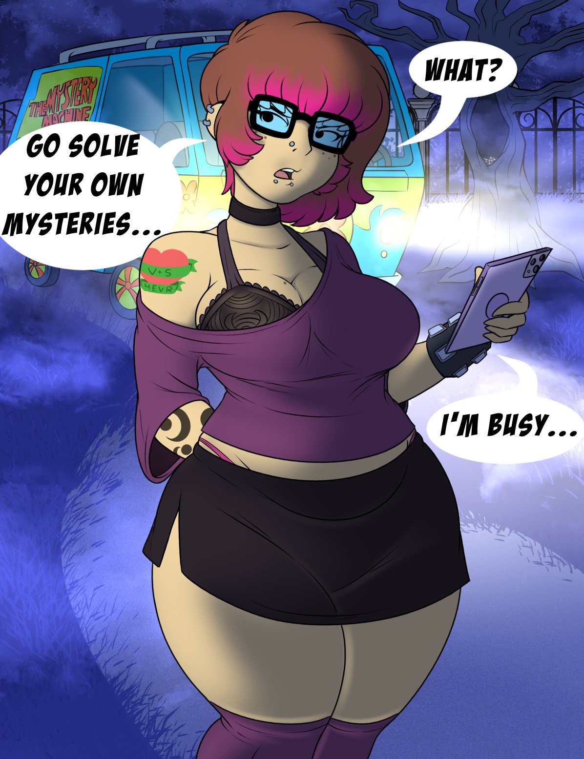 annoyed breasts choker chubby chubby_female female female_focus female_only freckles glasses goth graveyard hair_fade large_breasts miniskirt off_shoulder piercings purple_background purple_shirt scooby-doo smartphone solo_female solo_focus tagme talking_to_viewer tattoo tattoos teenagebratwurst thick_thighs van velma_dinkley wide_hips