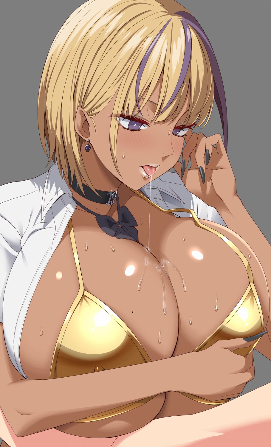 1boy 1girls bikini black_bow black_bowtie black_choker black_nails blonde_hair blush bow bowtie breasts bright_pupils choker collared_shirt covered_nipples dark-skinned_female dark_skin earrings female fingernails gold_bikini gyaru highres huge_breasts interracial jewelry kloah light-skinned_male light_skin lips long_fingernails mole mole_on_breast multicolored_hair open_clothes open_shirt original paizuri purple_eyes purple_hair saliva saliva_drip saliva_on_breasts saliva_trail shinokami_xatiii shinokami_xatiii_(kloah) shirt short_hair skull_earrings solo streaked_hair sweat swimsuit tongue tongue_out white_pupils white_shirt