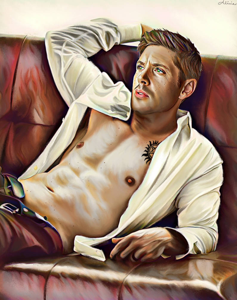 1boy abs actor artist_signature bara biceps brown_hair celebrity chest_tattoo couch dean_winchester freckles green_eyes in_character jensen_ackles licieoic light-skinned_male light_skin male male_only muscles muscular muscular_male nipples occult_symbol open_shirt pants pants_open pecs pentagram realistic shirt sitting solo solo_male supernatural_(series) tattoo