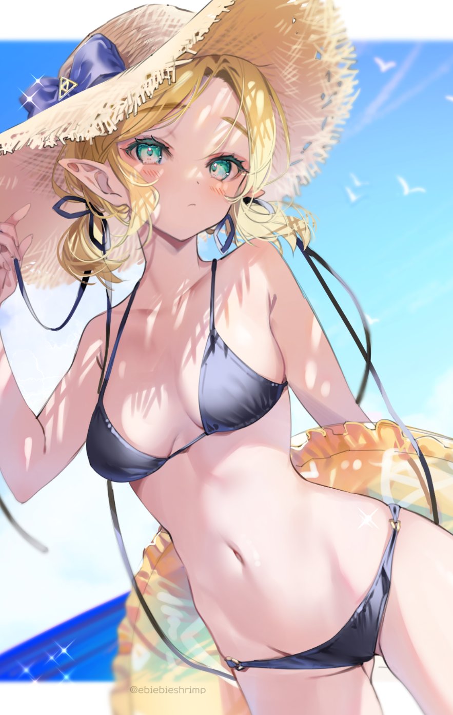 1girls belly_button bikini blonde_hair blue_sky breasts breath_of_the_wild cleavage female green_eyes hat looking_at_viewer medium_hair nintendo ocean pointy_ears princess_zelda sea shuri_(84k) sky solo swimsuit tears_of_the_kingdom the_legend_of_zelda zelda_(tears_of_the_kingdom)