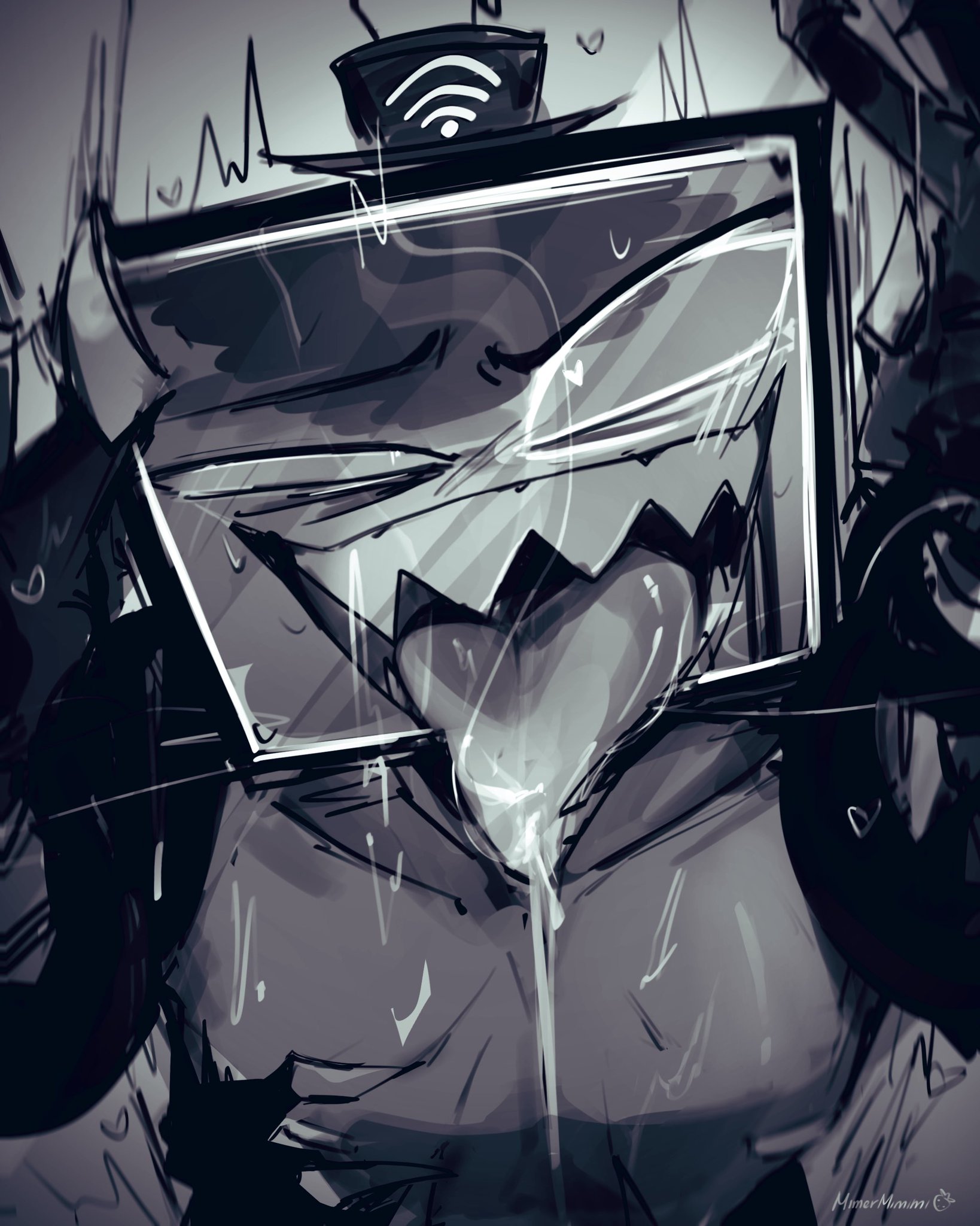 ahe gao, alastor (hazbin hotel), grabbing from behind, hazbin hotel, heart-shaped pupils, looking pleasured, loving it, male, male focus, maronmimimi, mimermimi, moaning, monochrome, penetration from behind, source request, suggestive, sweat, tentacle grab, tentacle on male, tentacles around arms, tongue, tongue out, vox (hazbin hotel)