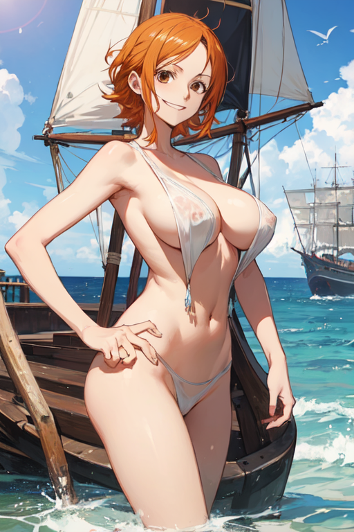 ai_generated artist_request beach big_breasts brown_eyes female female_only large_breasts nami nami_(one_piece) ocean one_piece orange_hair pirate pirate_ship pre-timeskip short_hair swimsuit swimwear translucent_clothing