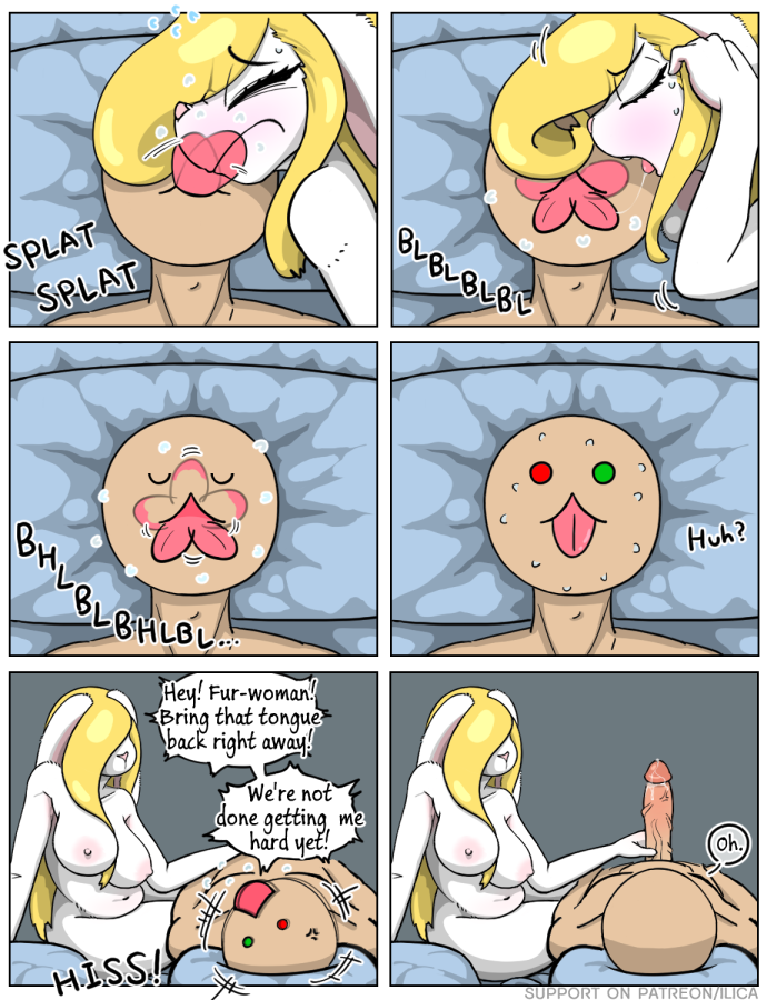 anthro bed blonde_hair bodily_fluids breasts brother brother_and_sister comic duo english_text female furniture genitals hair human ilica incest lagomorph leporid licking male male/female mammal penis penis_grab rabbit red_eyes saliva sibling sister text tongue tongue_out tosun