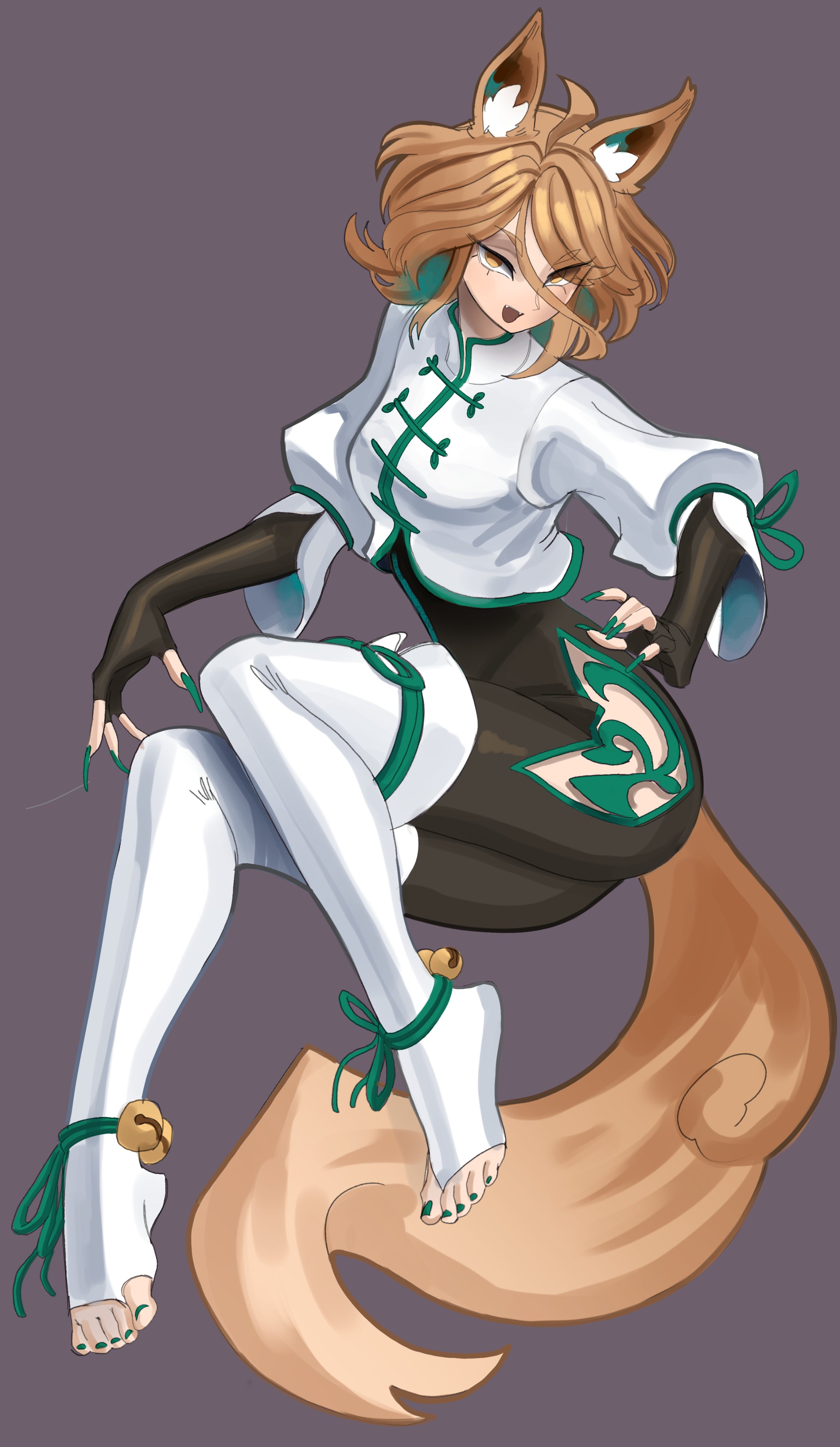 barefoot, bodysuit, breasts, exnezo, feet, female, fox ears, fox girl, fox tail, kudamaki tsukasa, large breasts, long nails, revealing clothes, thick thighs, toeless legwear, toenail polish, toes, touhou