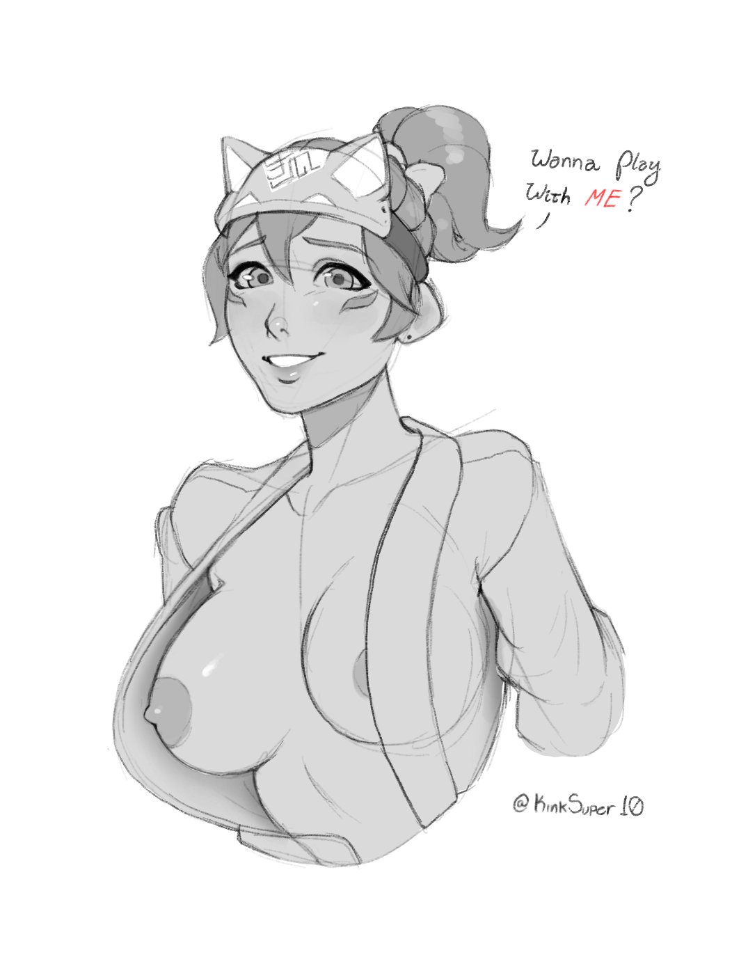 1girls, 2d, bandana, big breasts, blizzard entertainment, breasts, exposed breasts, face markings, female, female only, kinksuper10, kiriko (overwatch), nipples, overwatch, overwatch 2, ponytail, short hair