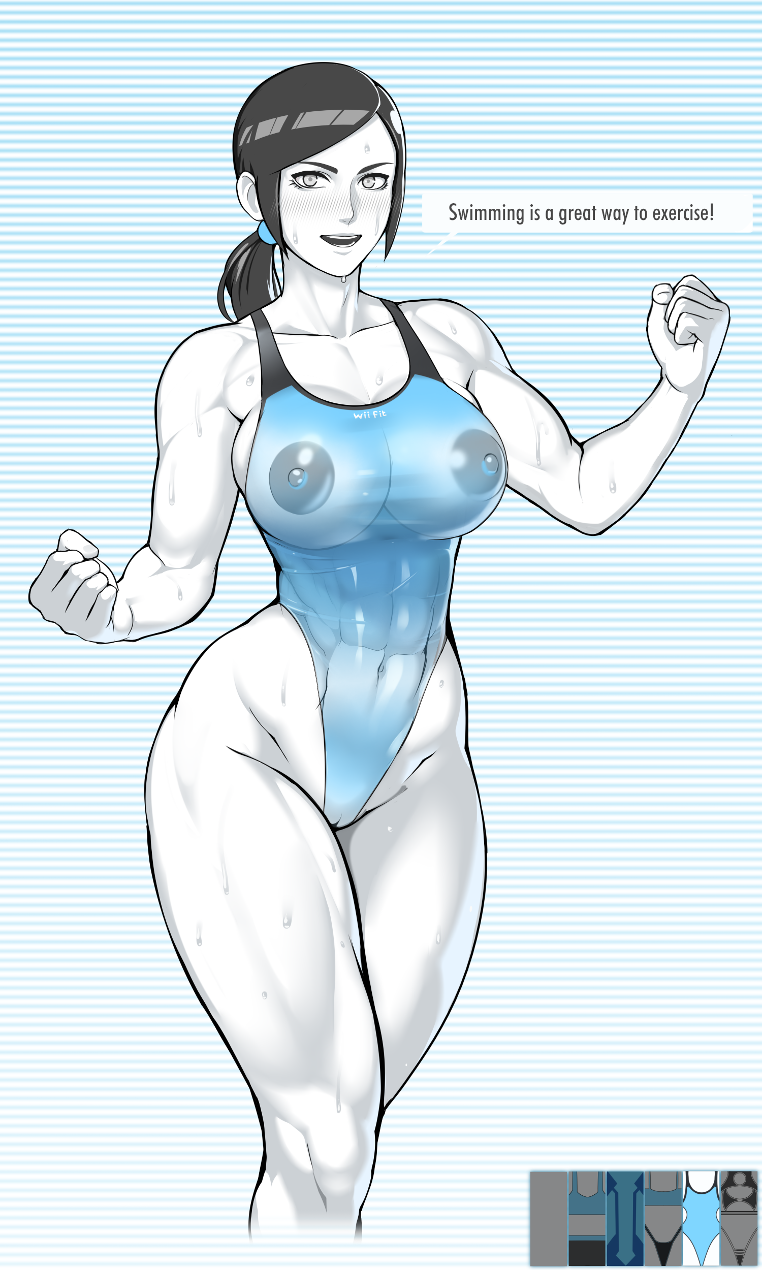 1girls, abs, alternate version available, areolae, big breasts, black hair, blush, breasts, clavicle, dialogue, erect nipples, erection under clothes, female, female only, grey eyes, highleg, highres, long hair, muscles, muscular, muscular female, navel, nintendo, nipples, nisetanaka, nisetanaqa, nude, nude female, one piece swimsuit, ponytail, pussy, see-through, see-through clothing, shorts, six pack, smile, solo, solo female, standing, swimsuit, text, thick thighs, thighs, tight pants, top, vagina, wet, wet clothes, white skin, wii fit, wii fit trainer, wii fit trainer (female)