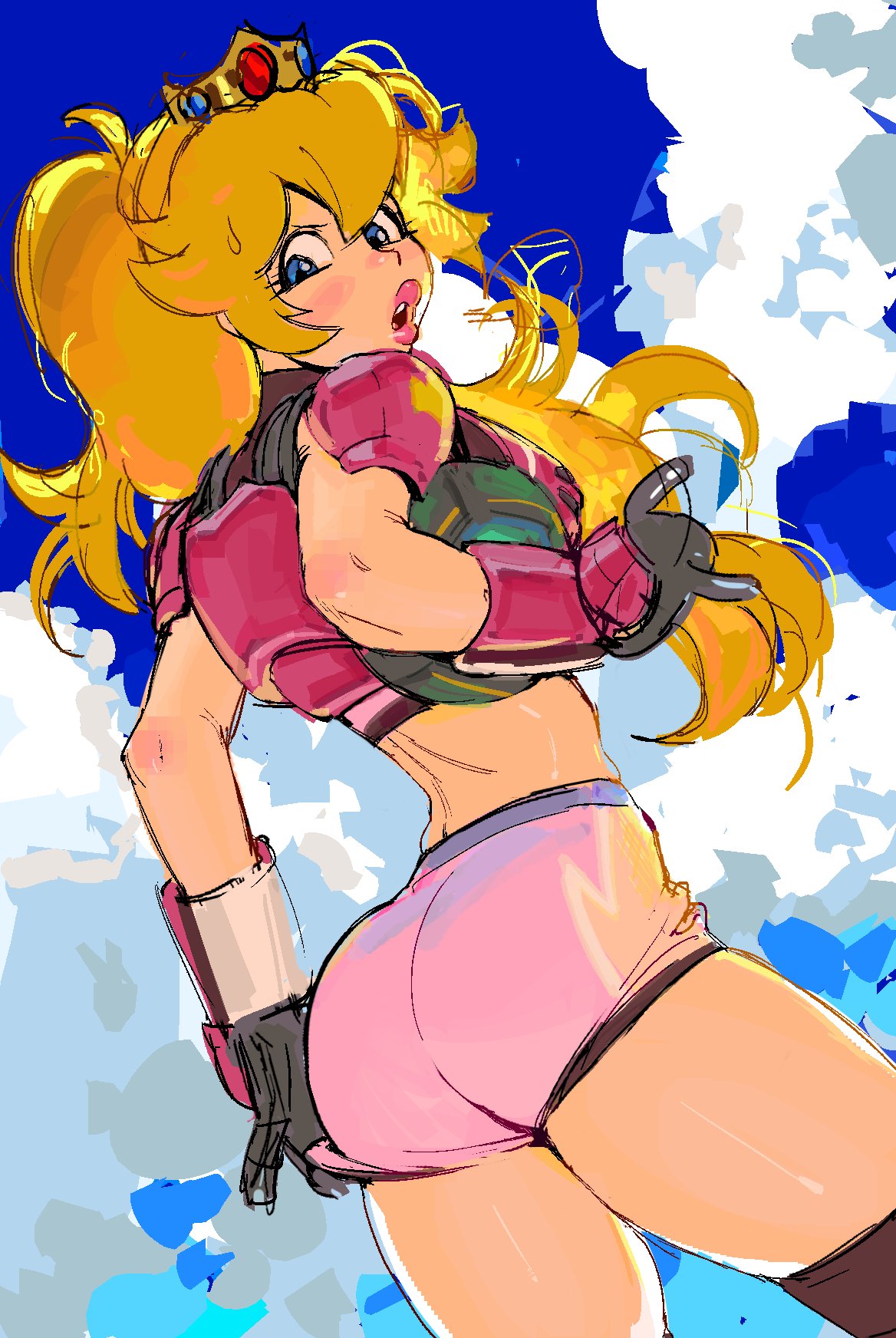 1girls, 2022, ass, clothed, female, lacryboy, mario (series), mario strikers, mario strikers charged, melanpsycholia, nintendo, pink shorts, princess peach, sky, solo, standing, uncensored