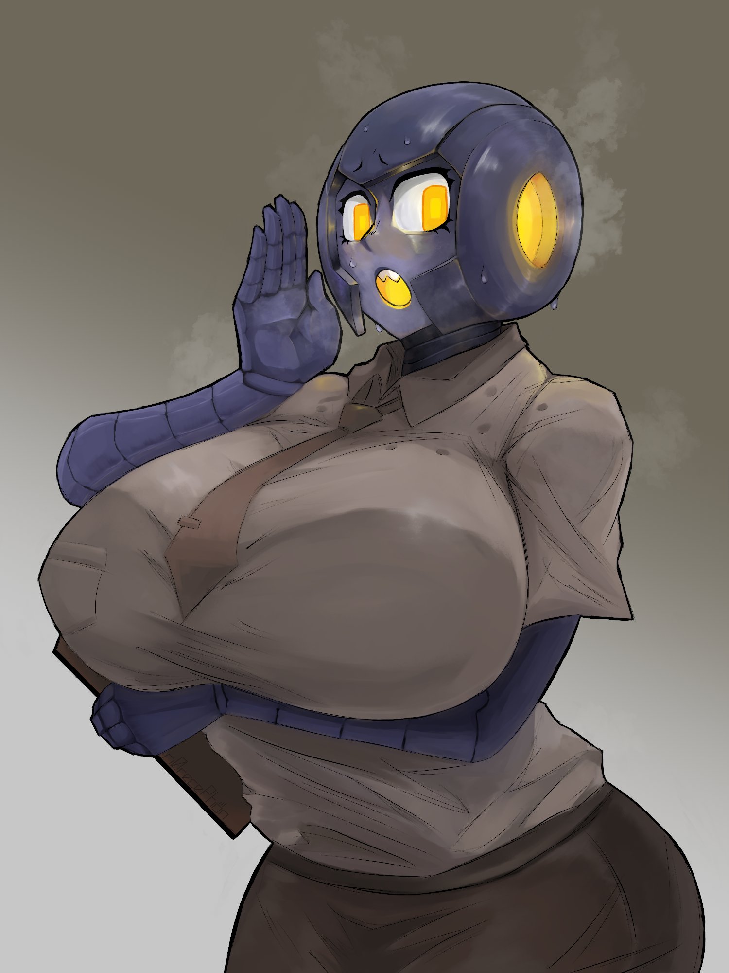 1girls, big breasts, bra, bra through clothes, breasts, female, female focus, female only, krekk0v, krekkball, n0reception, office lady, original, robot, rule 63, steam, steaming body, steamy breath, sweat, sweatdrop