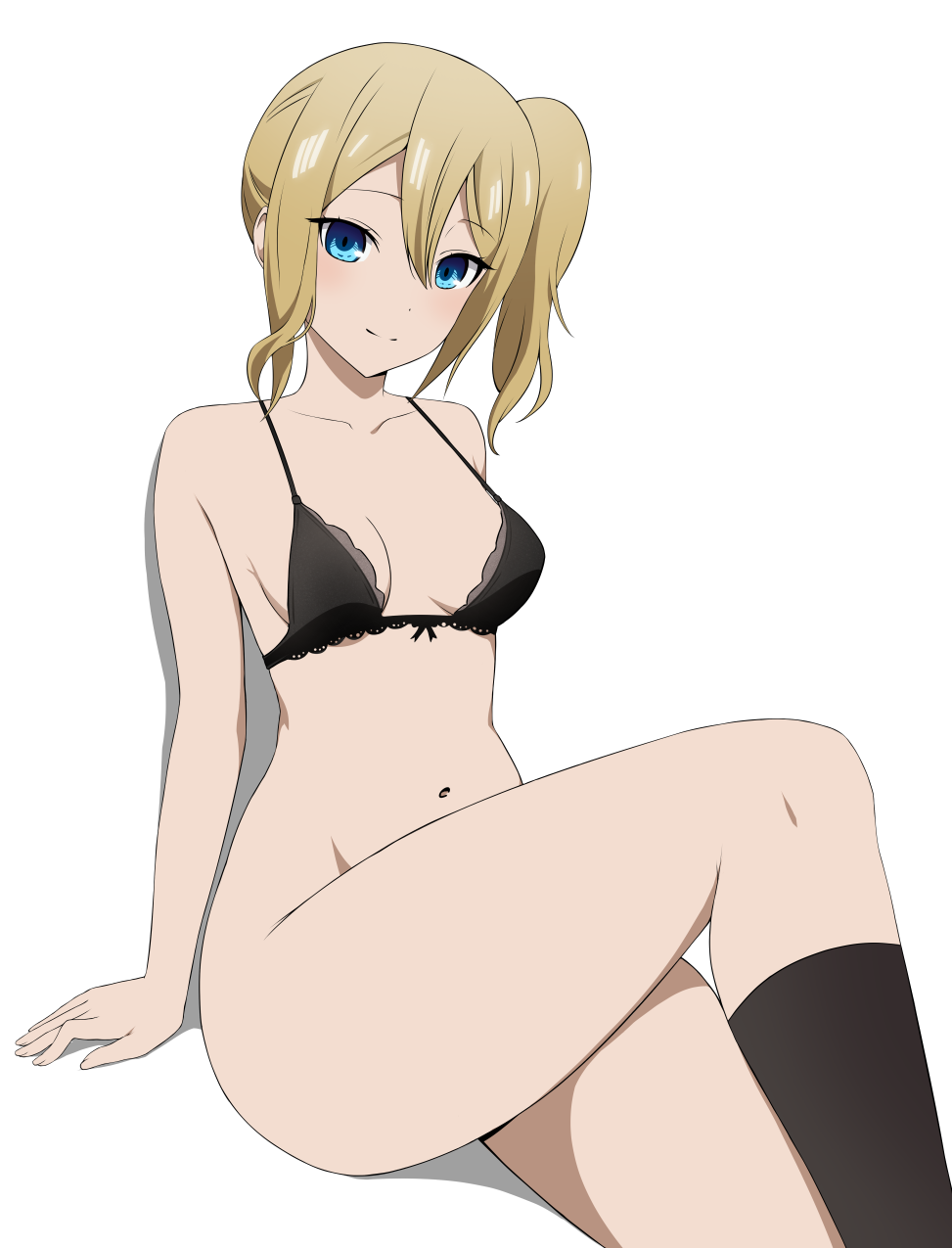 1girls, accurate art style, blonde hair, blue eyes, bottomless, bra, breasts, coro fae, eye contact, female, female only, hayasaka ai, kaguya-sama wa kokurasetai ~tensai-tachi no renai zunousen~, looking at viewer, medium breasts, official style, side ponytail, smile, solo, solo female, thick thighs, white background