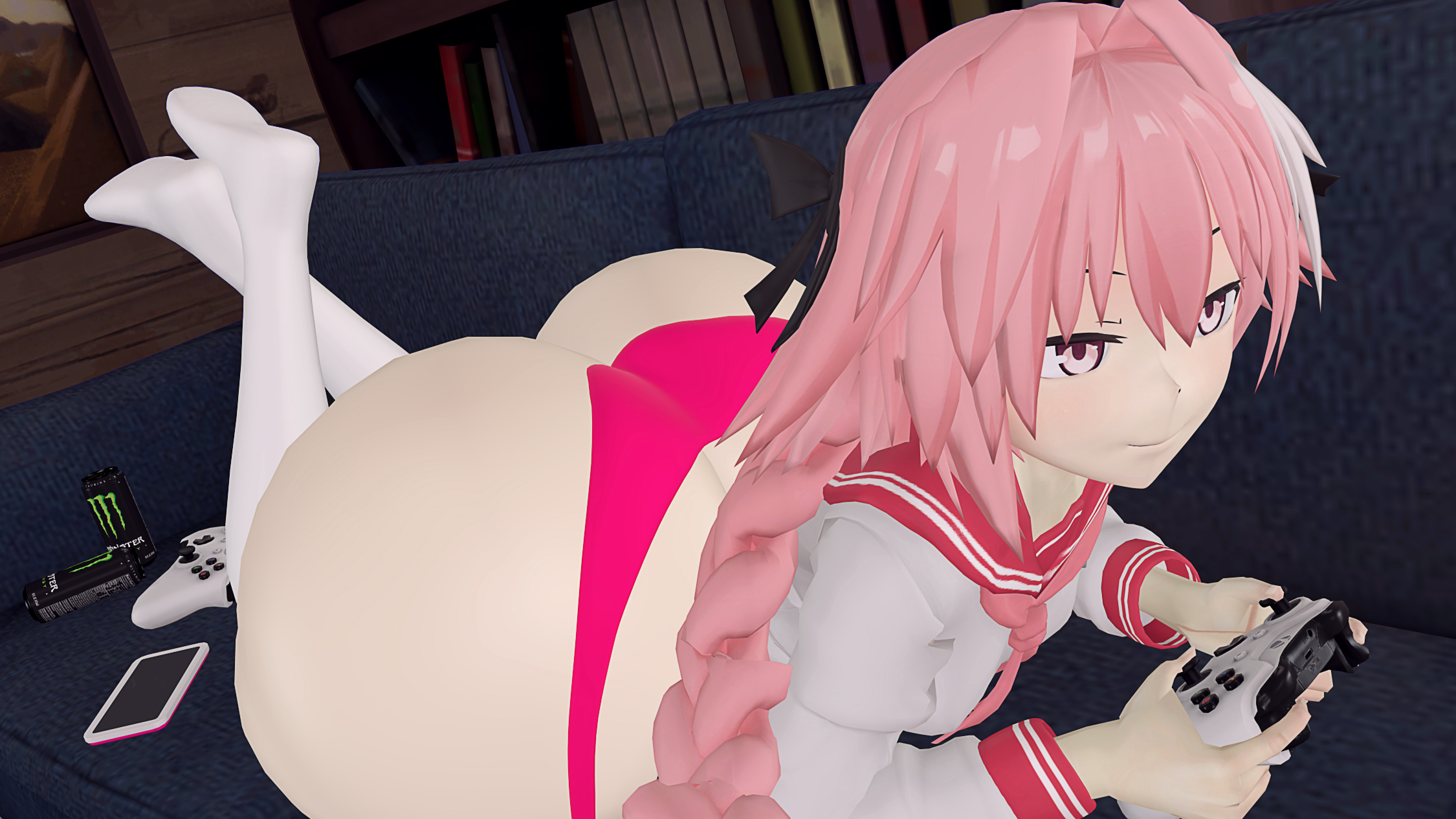 3d, ass, ass focus, astolfo (fate), big ass, controller, fate (series), fate/apocrypha, femboy, gaming, huge ass, light skin, lying, male, male only, mr chazz80, panties, pink eyes, pink hair, solo, source filmmaker, tagme, thick thighs, trap